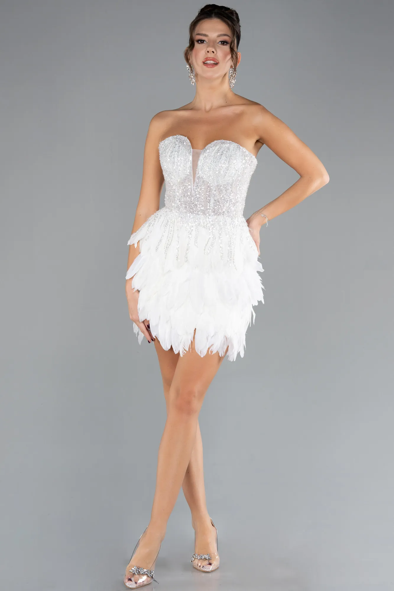 Ecru-Stoned Strapless Imported Feathered Evening Gown ABK2165