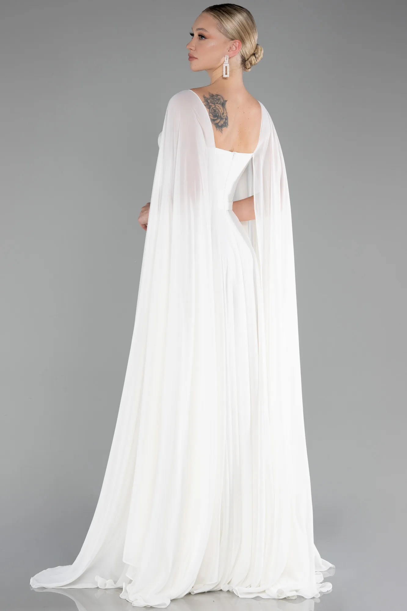 Ecru-Strapless Shawl Sleeve Long Chiffon Evening Dress ABU4158