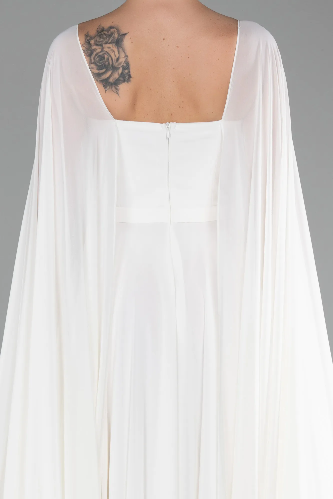 Ecru-Strapless Shawl Sleeve Long Chiffon Evening Dress ABU4158