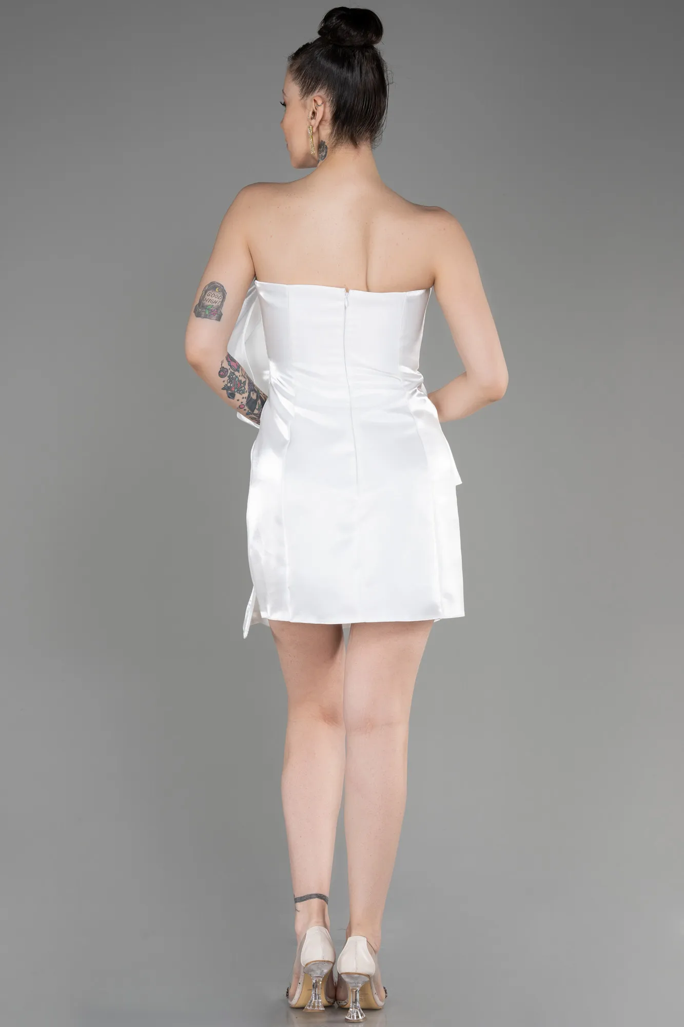 Ecru-Strapless Short Satin After Party Dress ABK2035