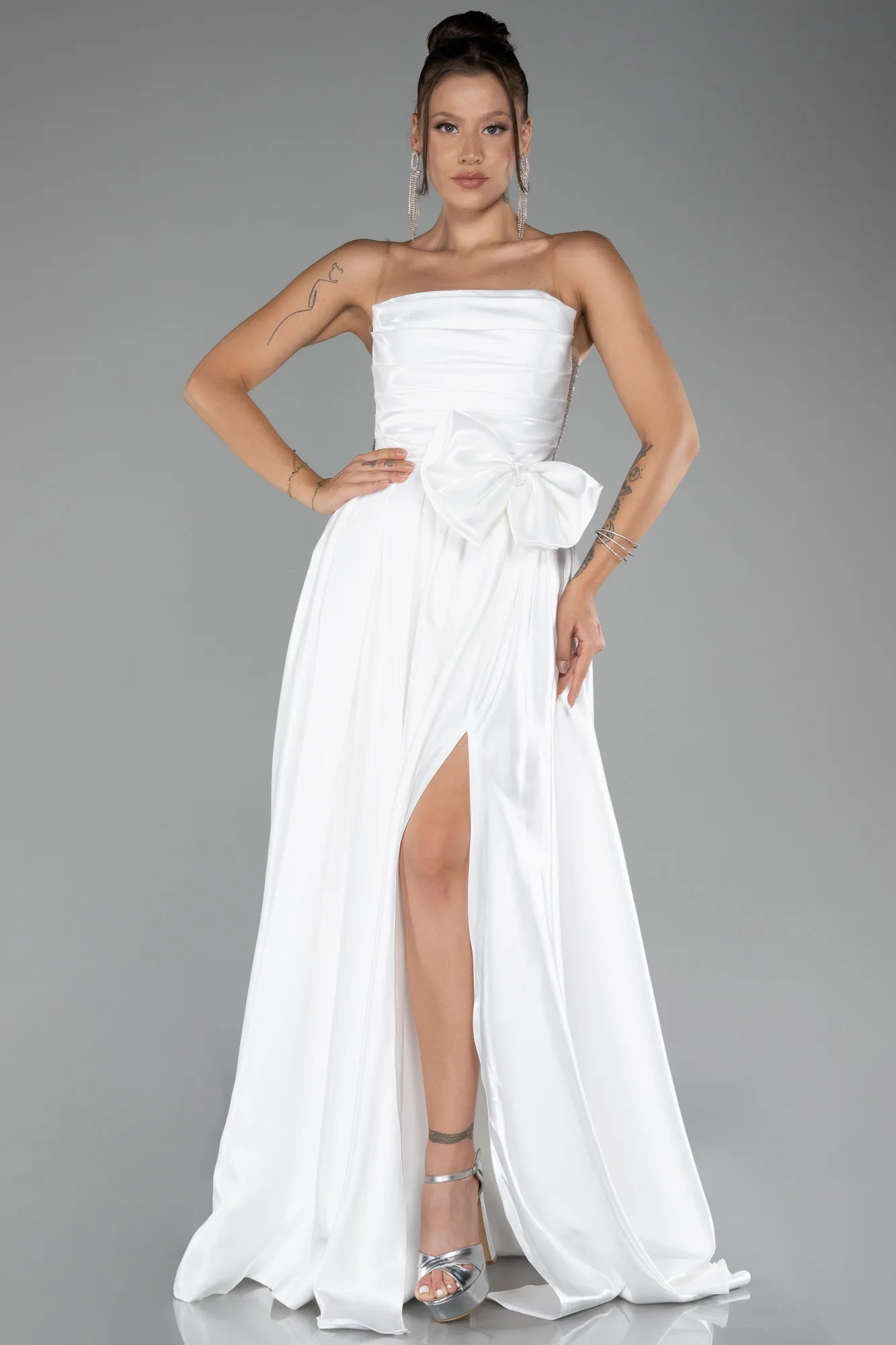 Ecru-Strapless Slit Long Ball Gown ABU4015