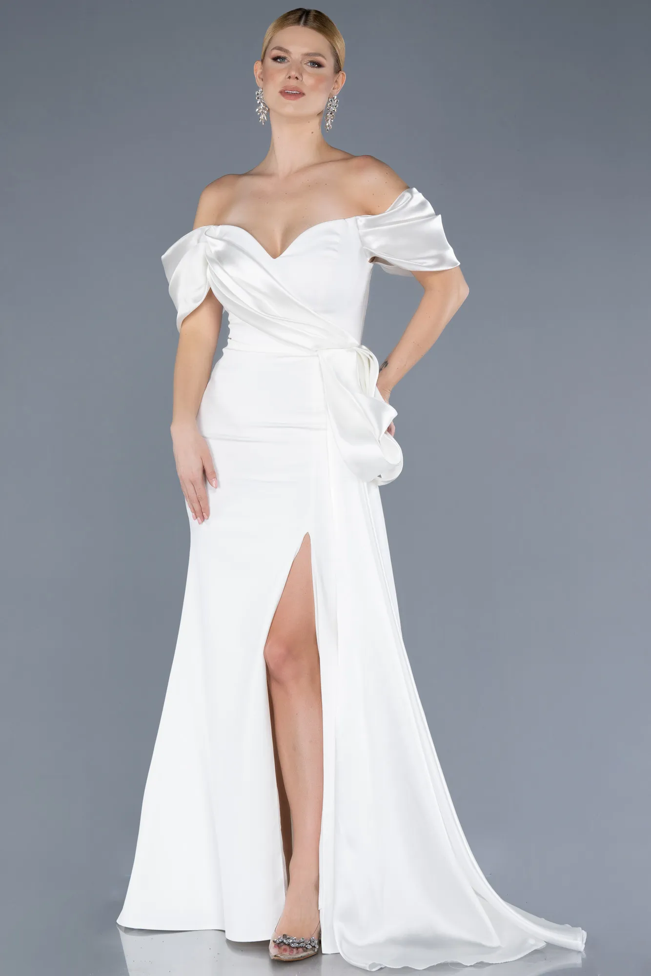 Ecru-Strapless Slit Long Evening Gown ABU4562