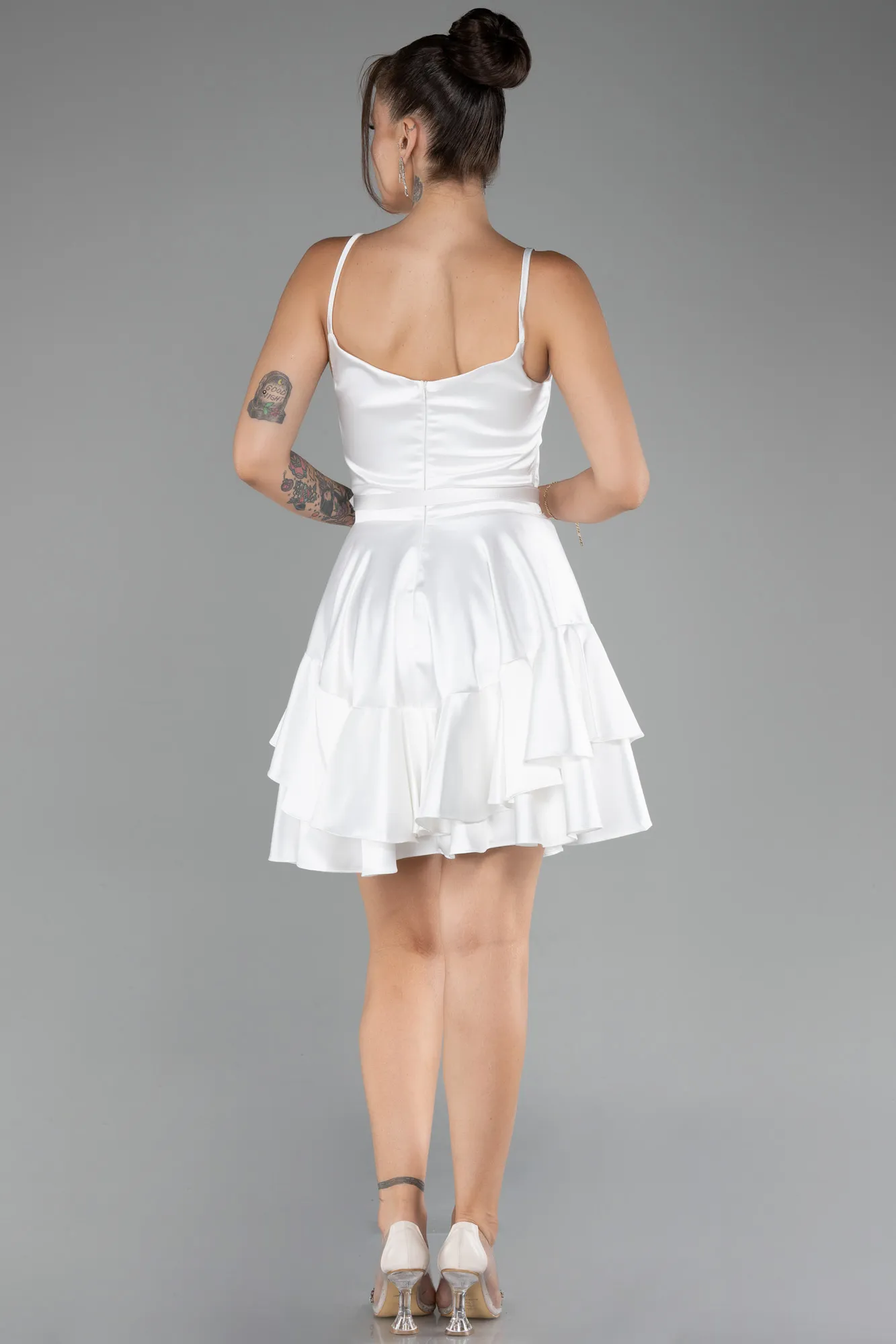 Ecru-Strappy Short Satin Cocktail Dress ABK2114