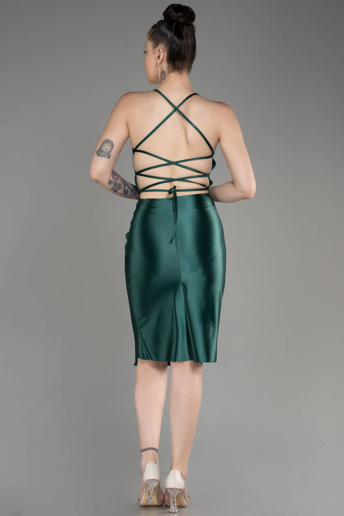 Emerald Green-Backless Short Satin Cocktail Dress ABK2078