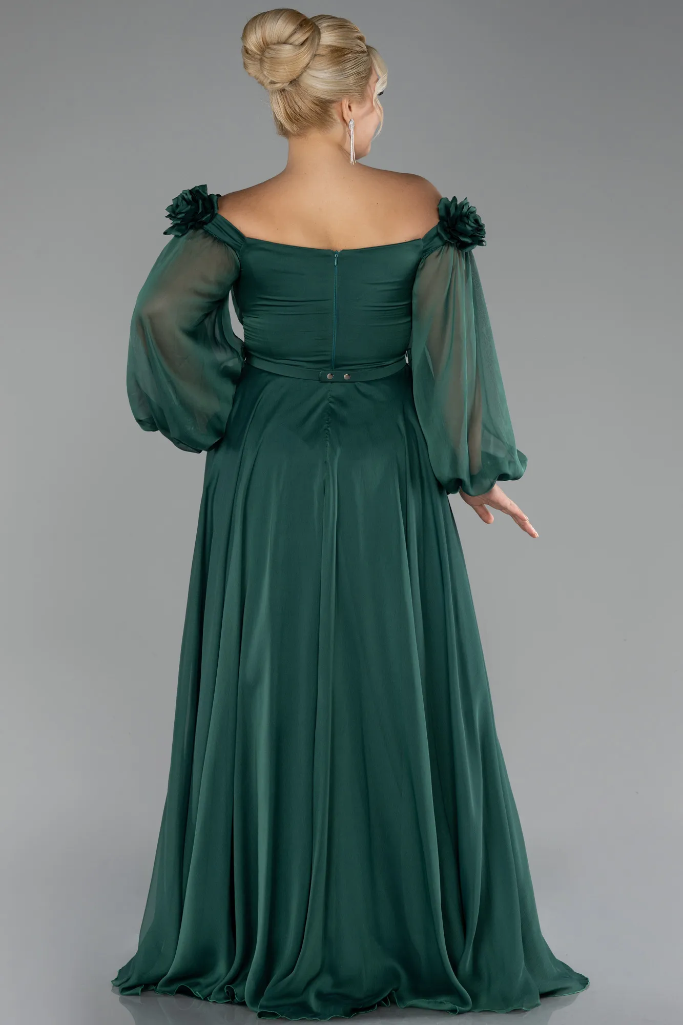 Emerald Green-Boat Neck Long Sleeve Plus Size Chiffon Prom Gown ABU4131