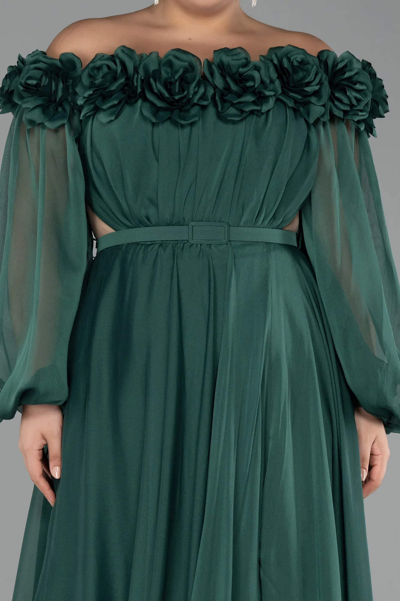 Emerald Green-Boat Neck Long Sleeve Plus Size Chiffon Prom Gown ABU4131