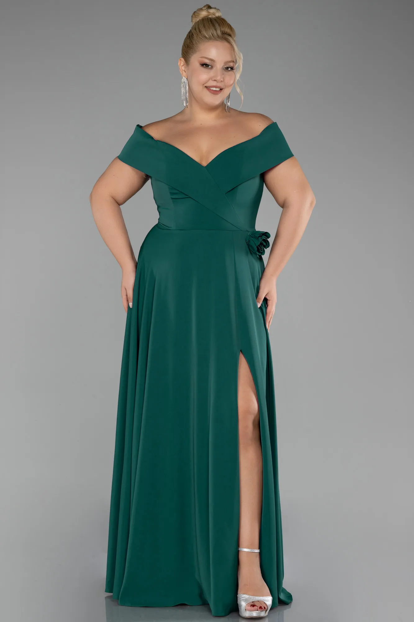 Emerald Green-Boat Neck Slit Long Chiffon Plus Size Prom Dress ABU4234