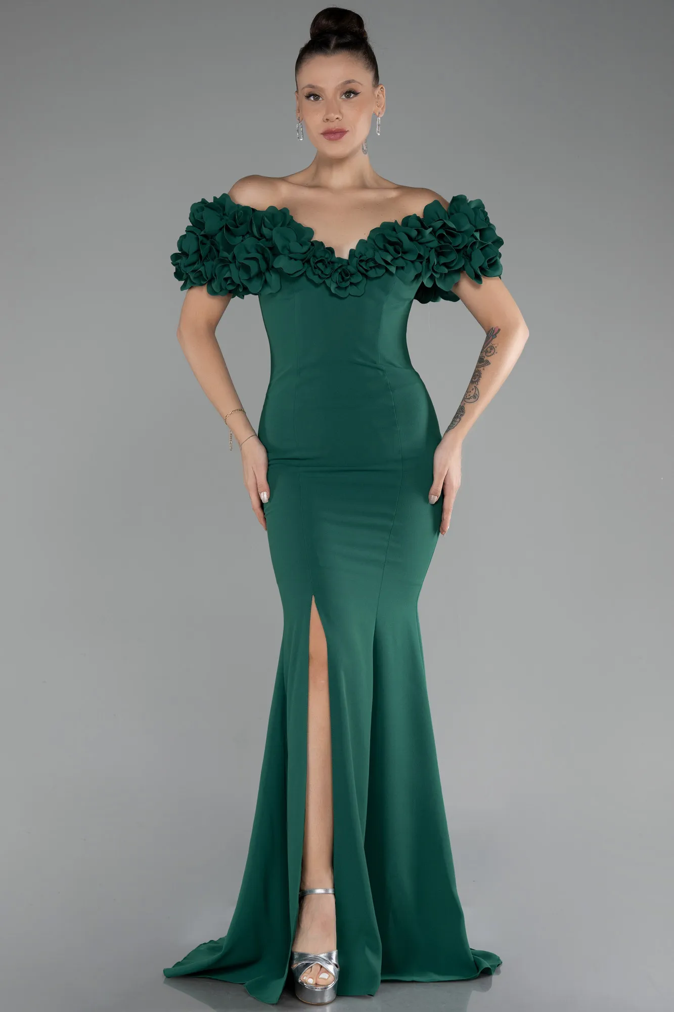 Emerald Green-Boat Neck Slit Long Evening Dress ABU4080