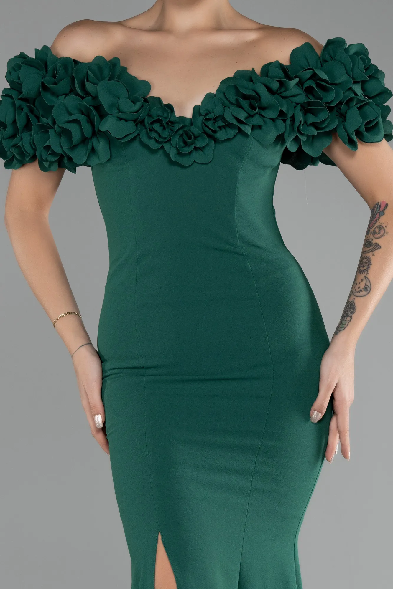 Emerald Green-Boat Neck Slit Long Evening Dress ABU4080