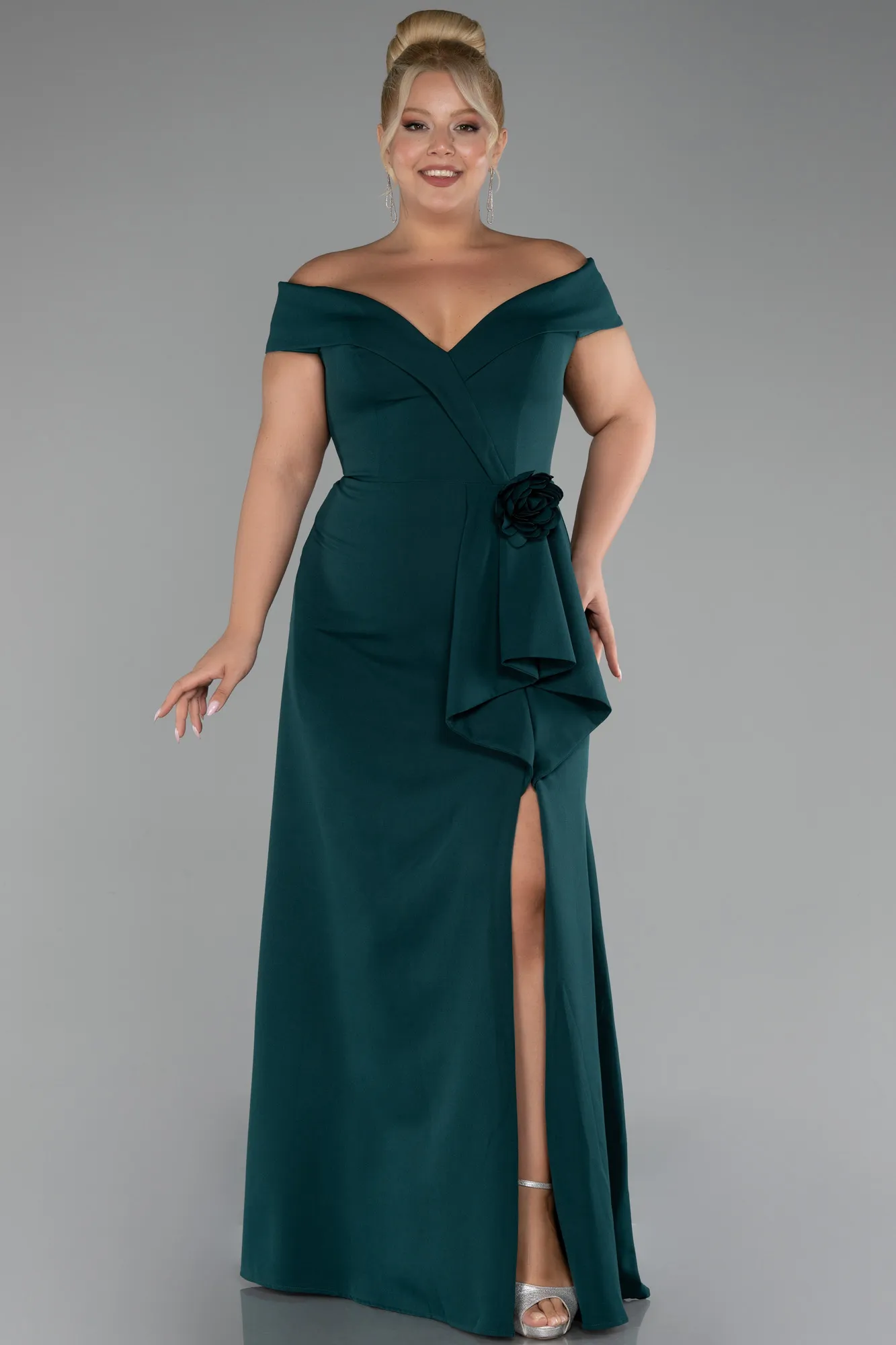 Emerald Green-Boat Neck Slit Long Plus Size Evening Dress ABU4200