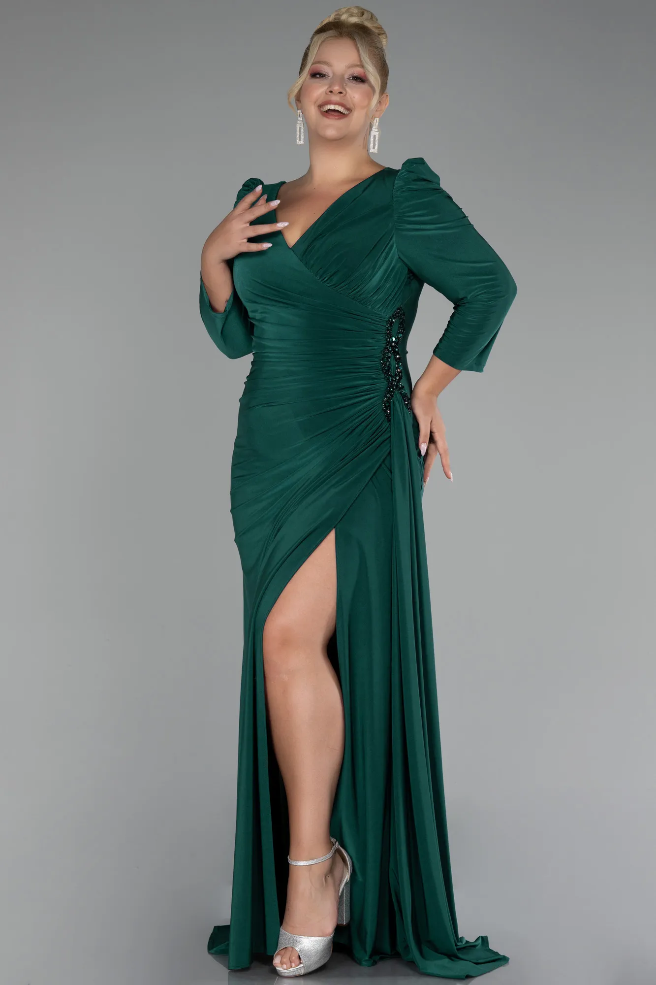 Emerald Green-Capri Sleeve Long Plus Size Evening Dress ABU4104