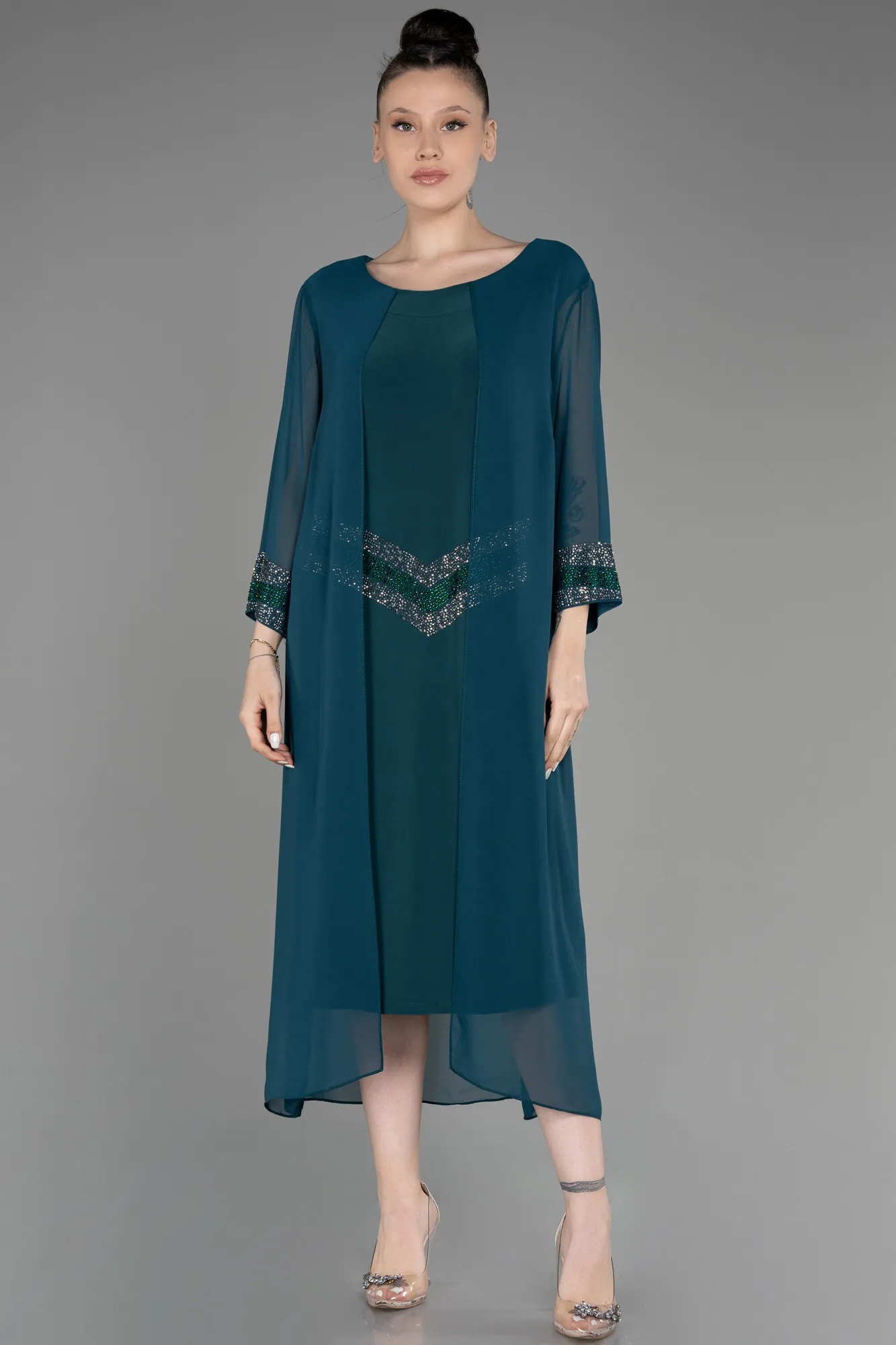 Emerald Green-Capri Sleeve Midi Chiffon Plus Size Invitation Dress ABK2061