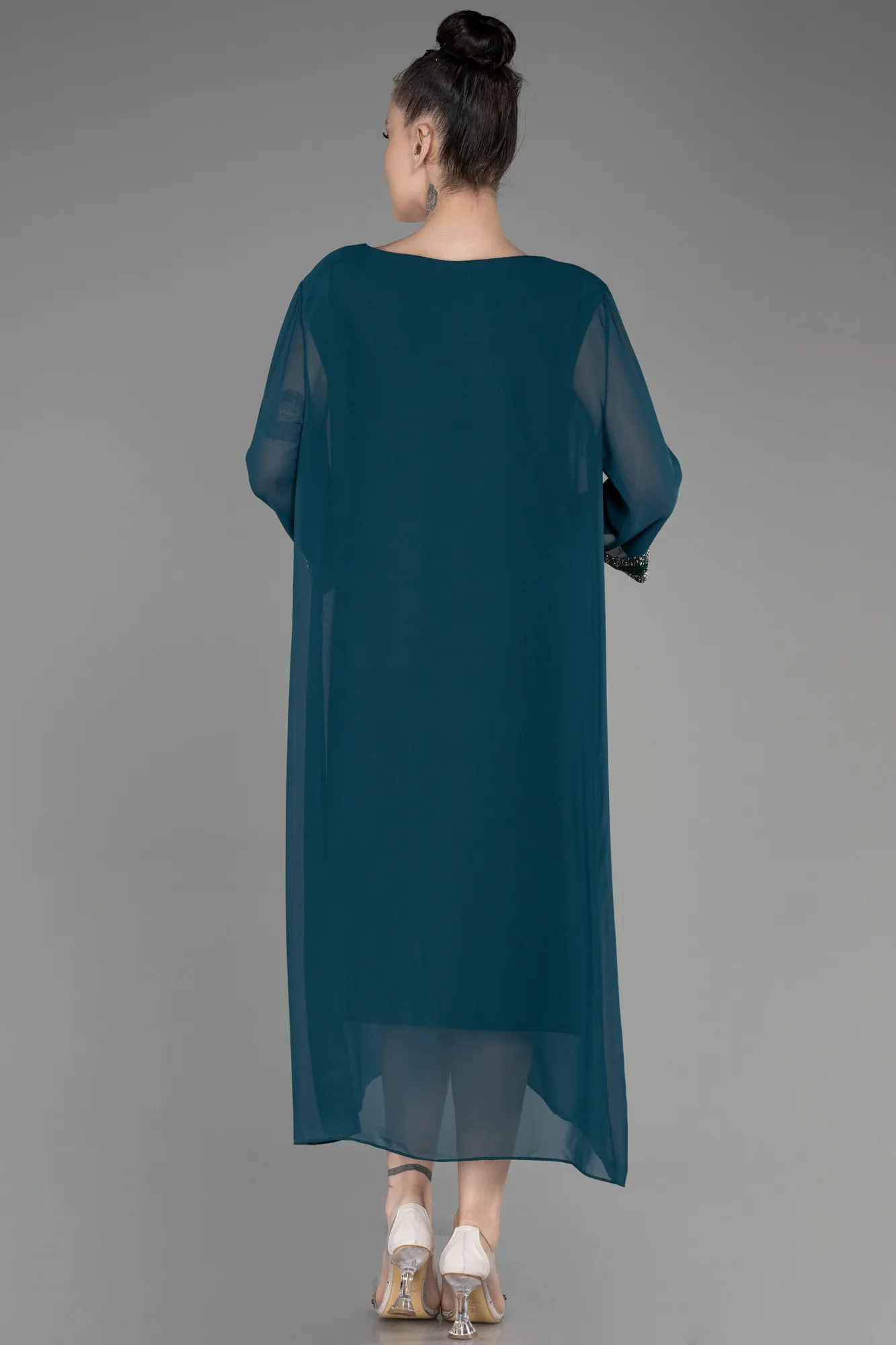 Emerald Green-Capri Sleeve Midi Chiffon Plus Size Invitation Dress ABK2061