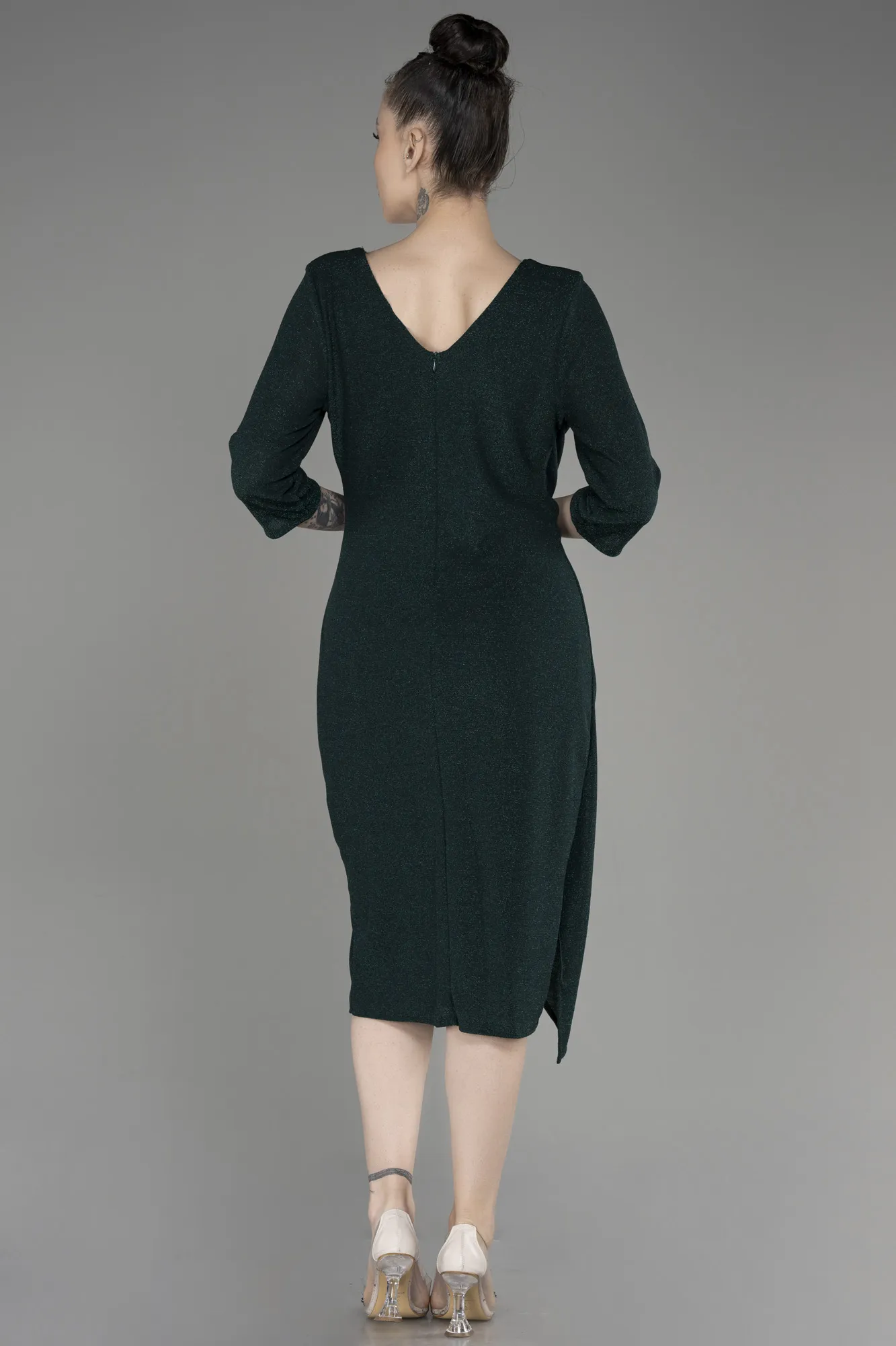 Emerald Green-Capri Sleeve Midi Plus Size Evening Dress ABK1950