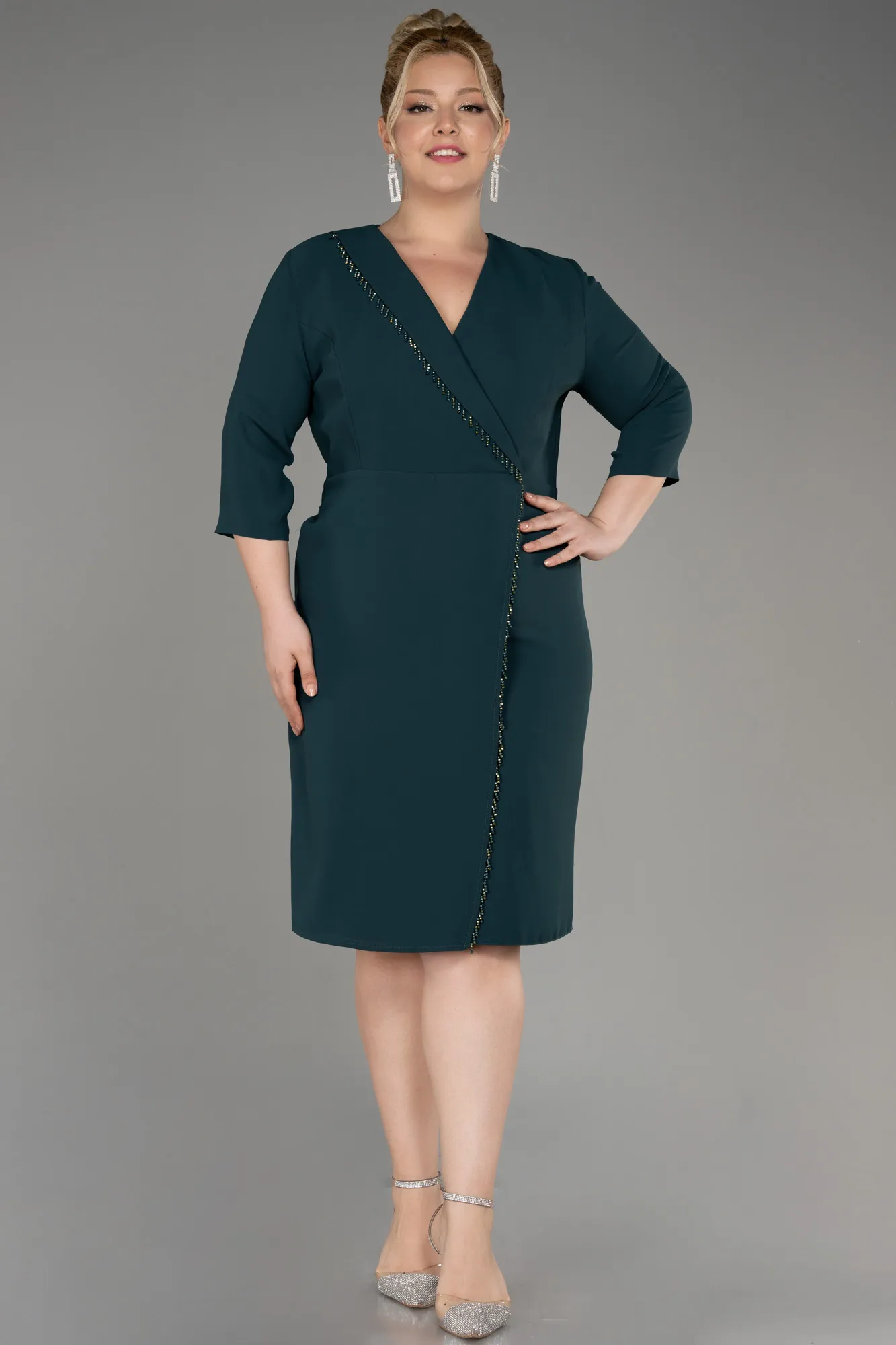 Emerald Green-Capri Sleeve Short Plus Size Evening Dress ABK2096