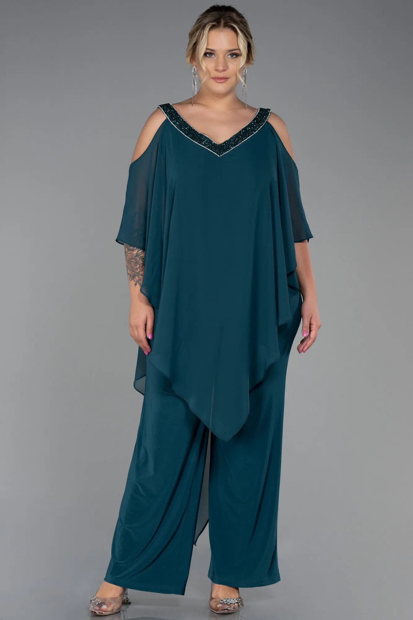 Emerald Green-Chiffon Plus Size Evening Dress ABT096
