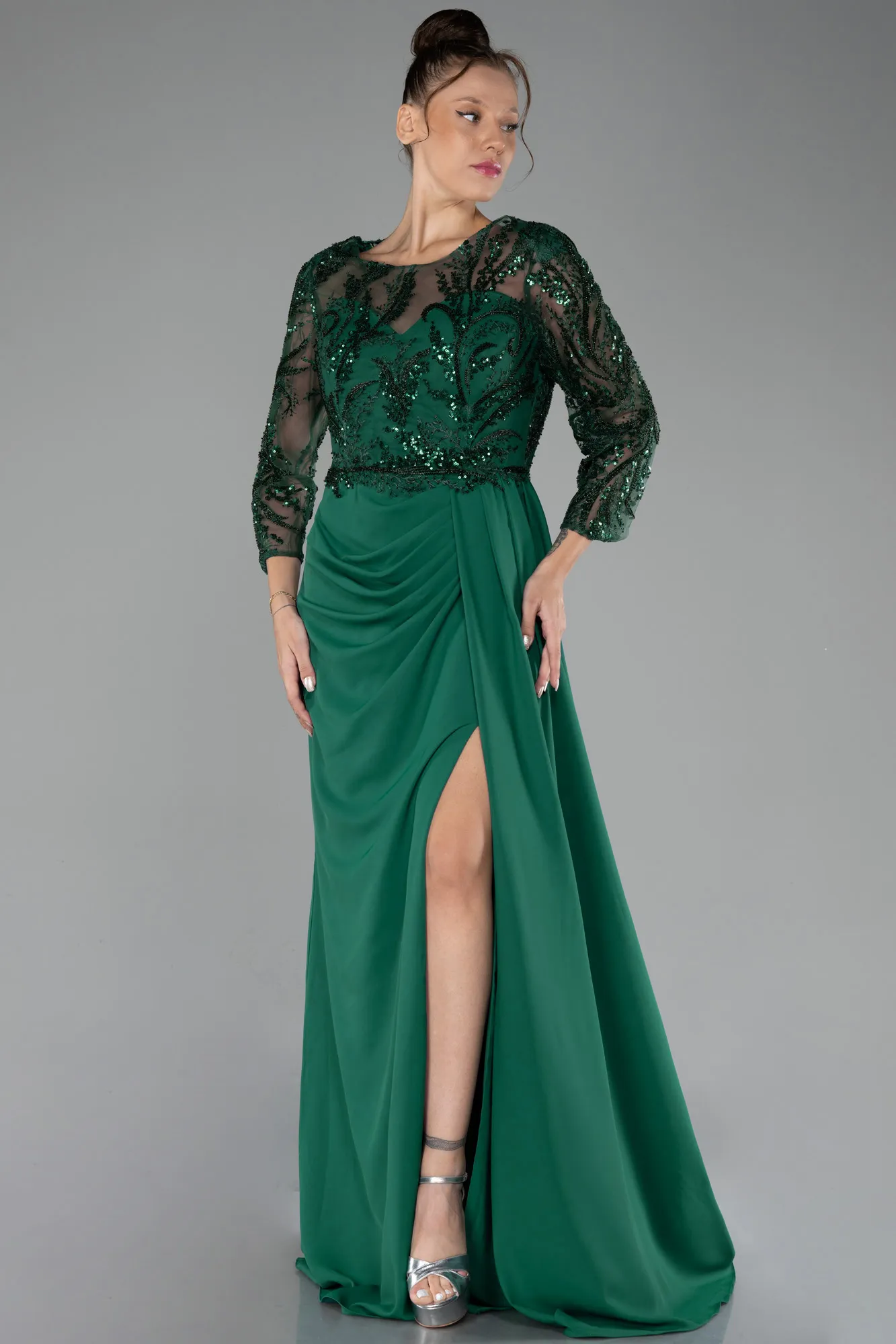 Emerald Green-Embroidered Capri Sleeve Slit Chiffon Evening Gown ABU4293