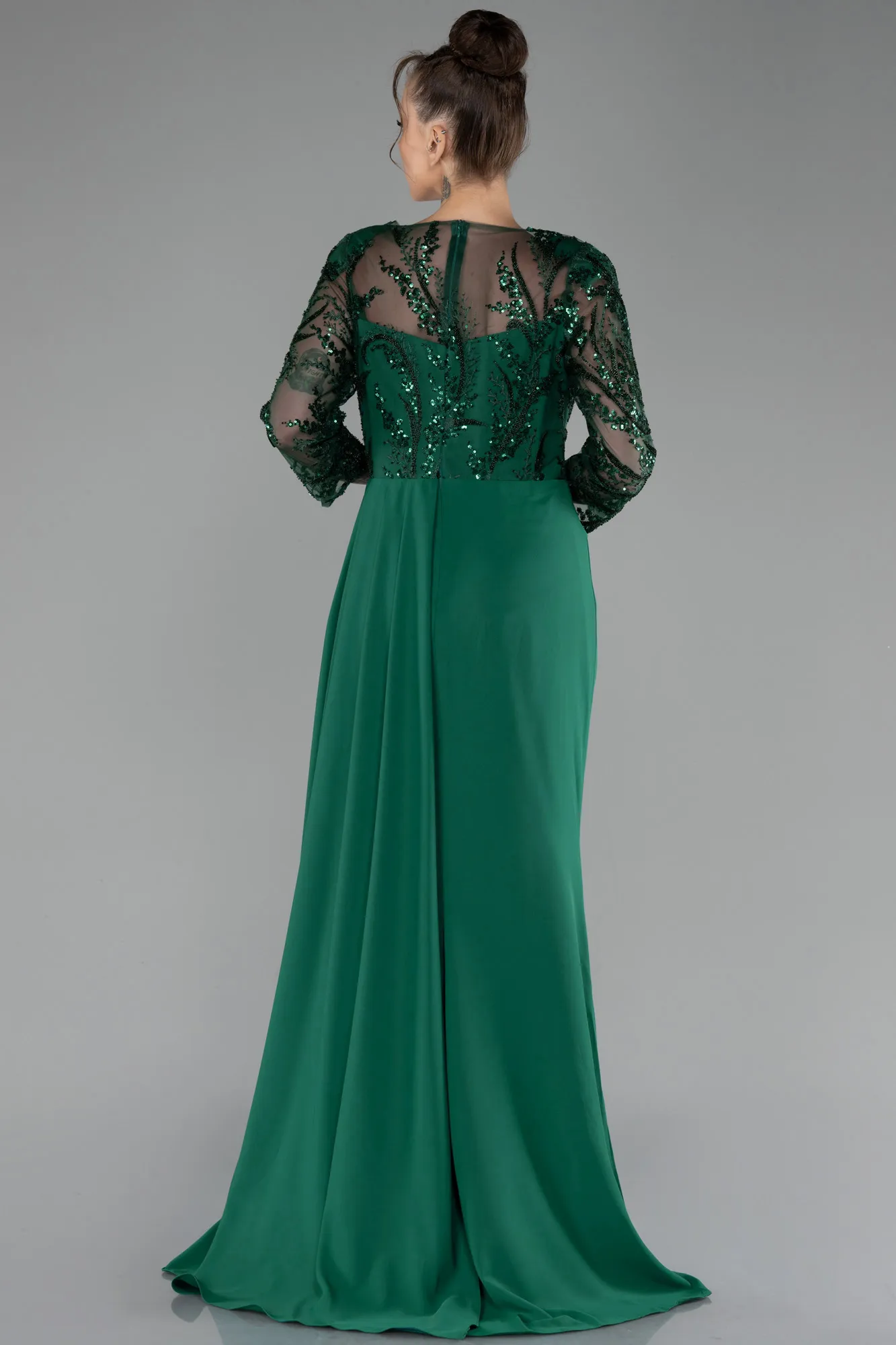 Emerald Green-Embroidered Capri Sleeve Slit Chiffon Evening Gown ABU4293