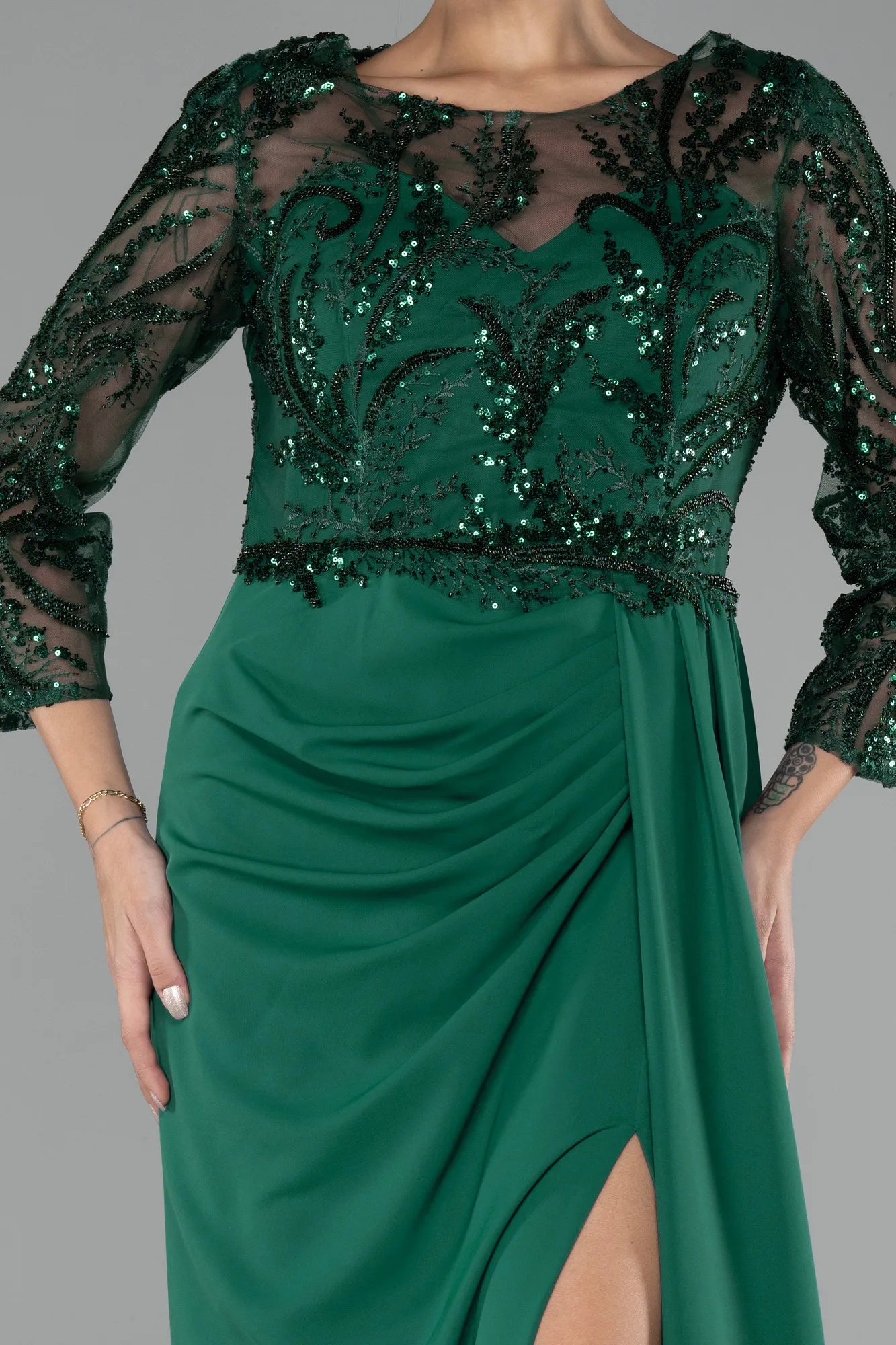 Emerald Green-Embroidered Capri Sleeve Slit Chiffon Evening Gown ABU4293