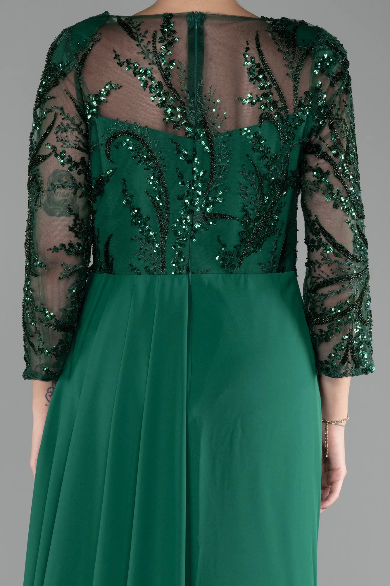 Emerald Green-Embroidered Capri Sleeve Slit Chiffon Evening Gown ABU4293