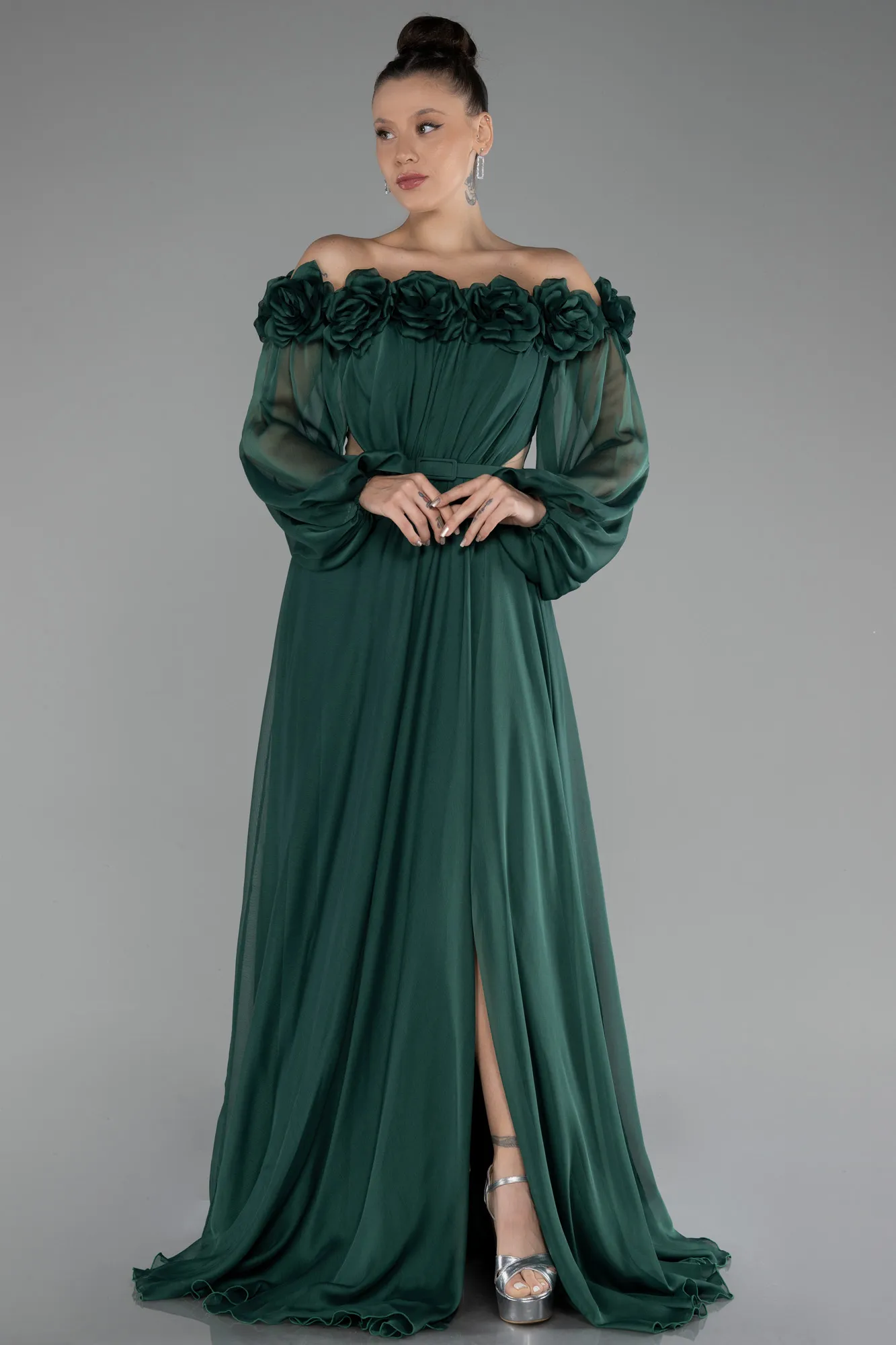 Emerald Green-Floral Boat Neck Long Sleeve Chiffon Prom Gown ABU4130