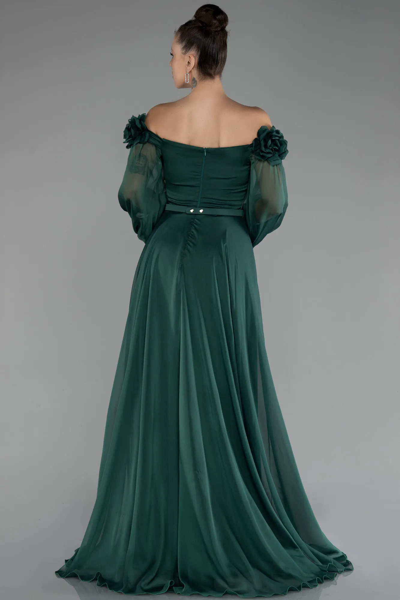 Emerald Green-Floral Boat Neck Long Sleeve Chiffon Prom Gown ABU4130