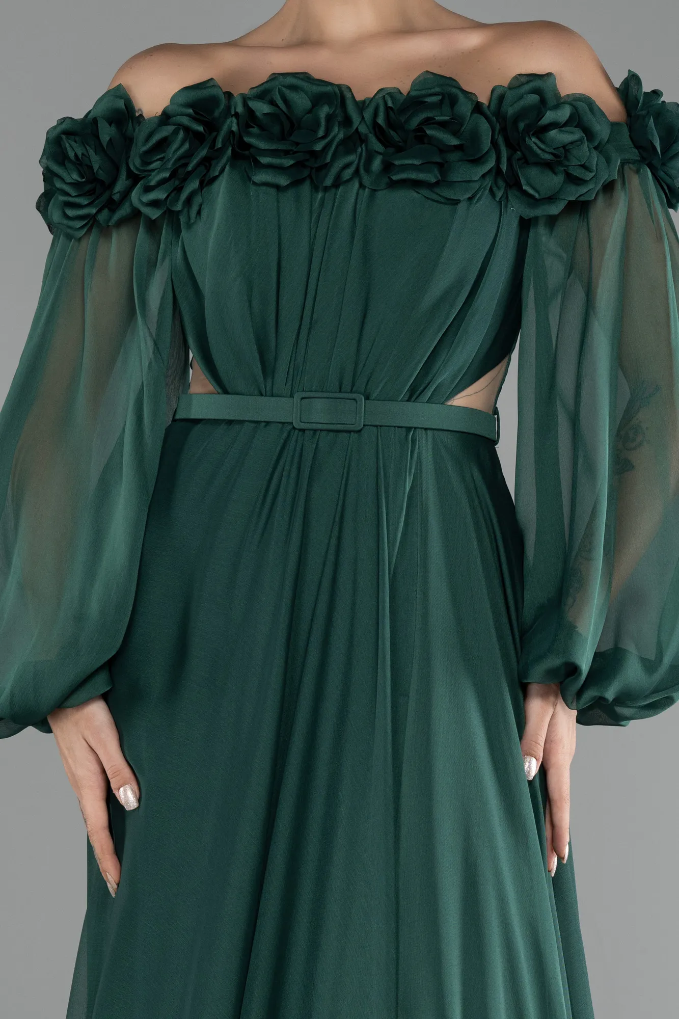 Emerald Green-Floral Boat Neck Long Sleeve Chiffon Prom Gown ABU4130