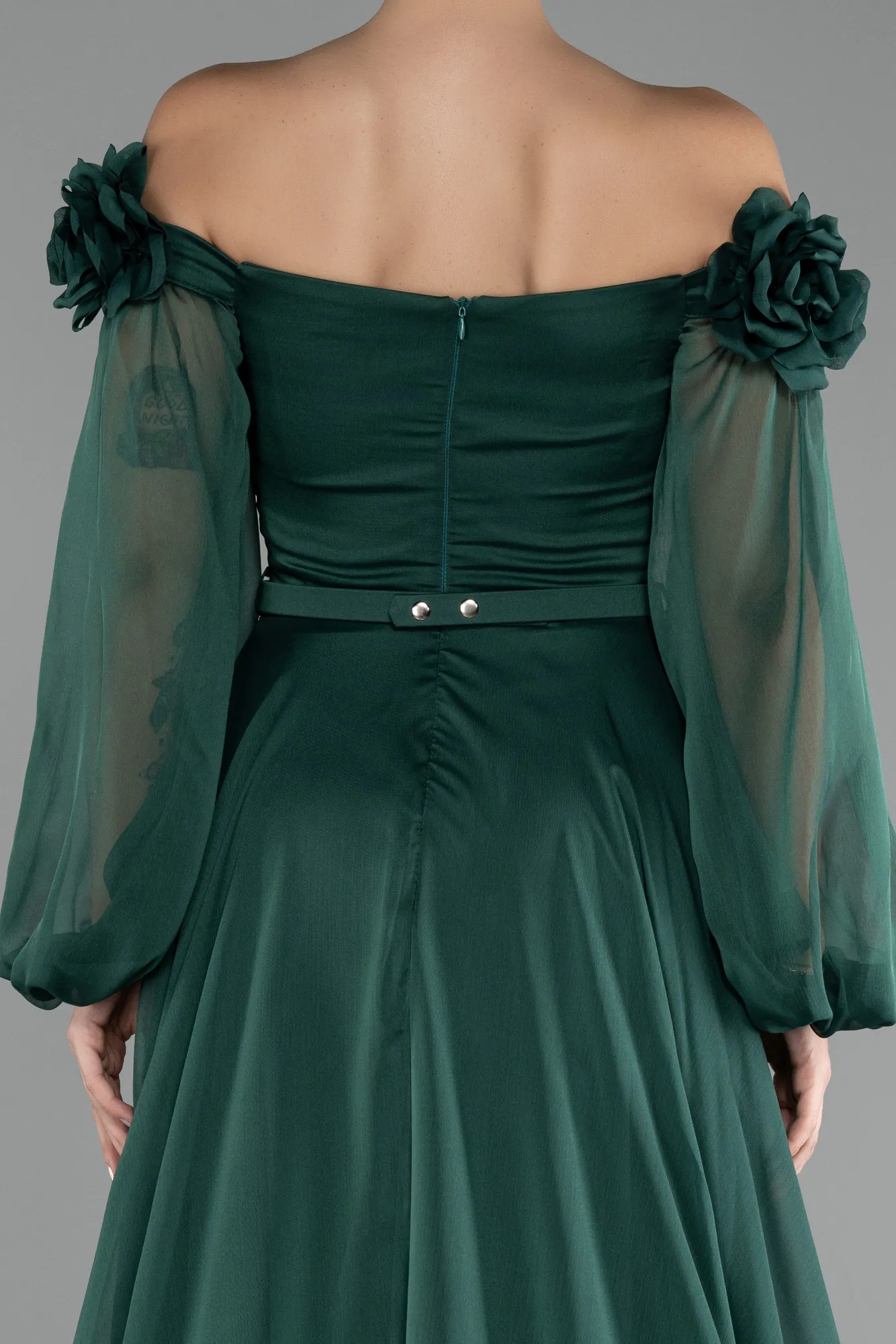 Emerald Green-Floral Boat Neck Long Sleeve Chiffon Prom Gown ABU4130