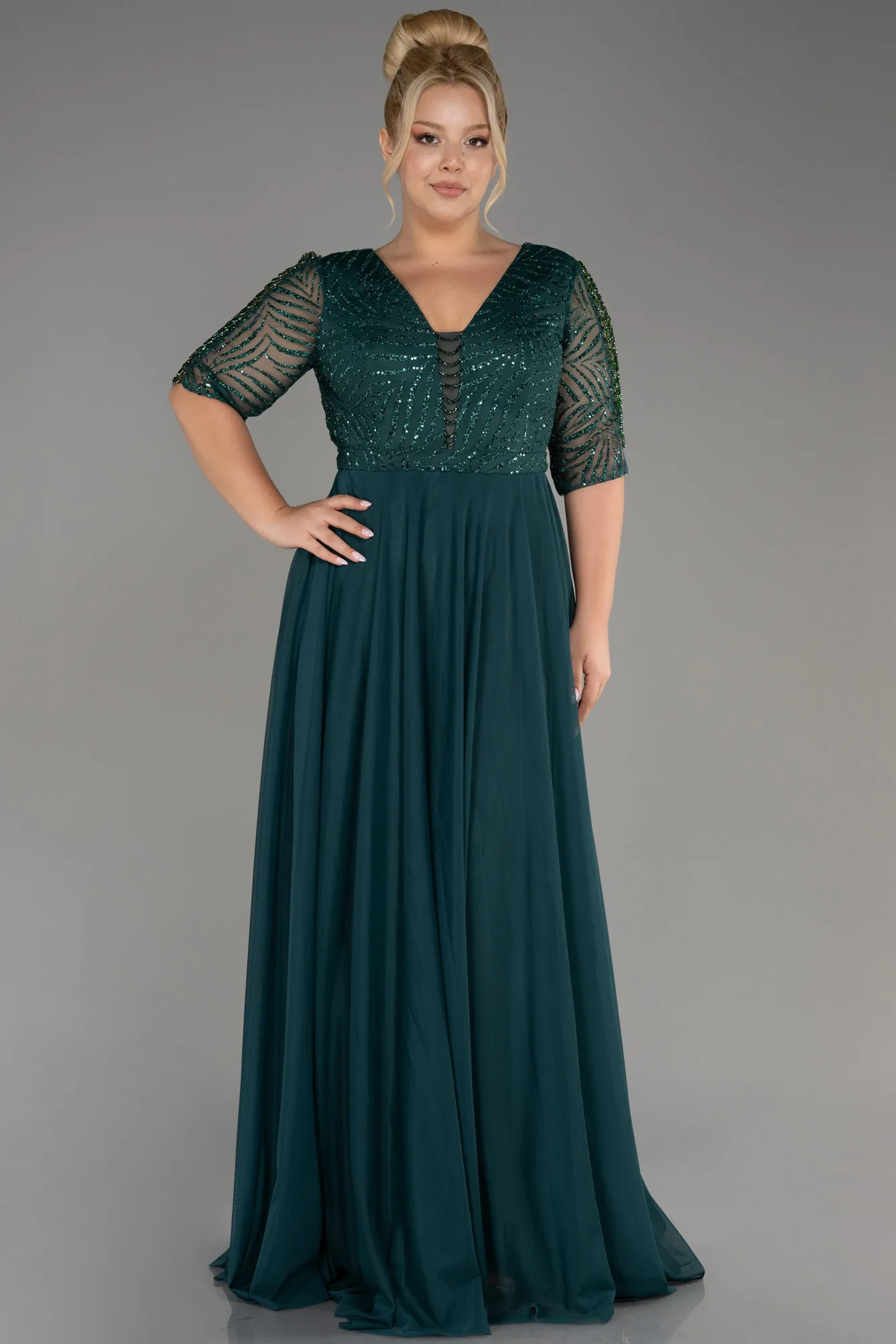 Emerald Green-Glittery Short Sleeve Long Plus Size Evening Dress ABU3844