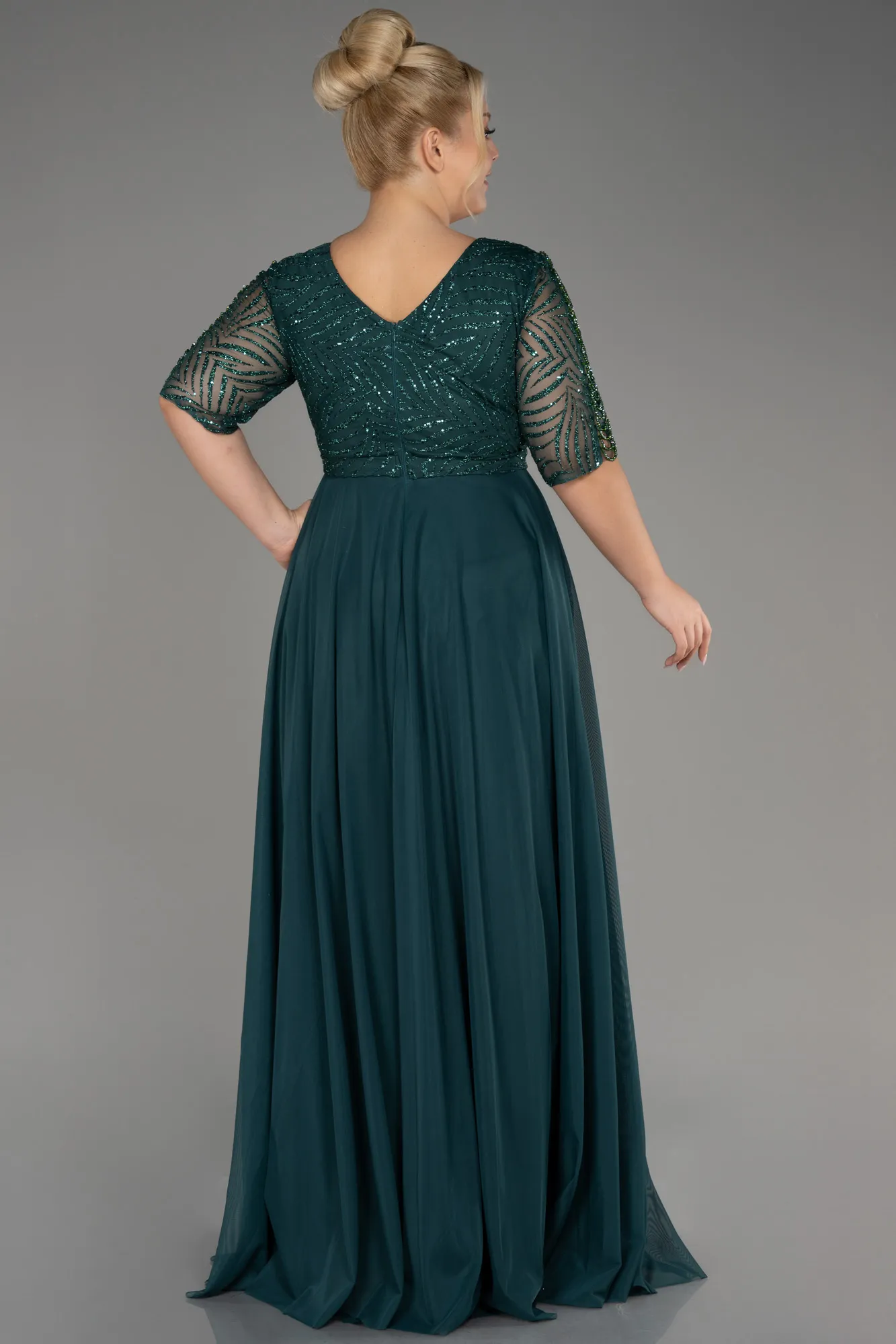 Emerald Green-Glittery Short Sleeve Long Plus Size Evening Dress ABU3844