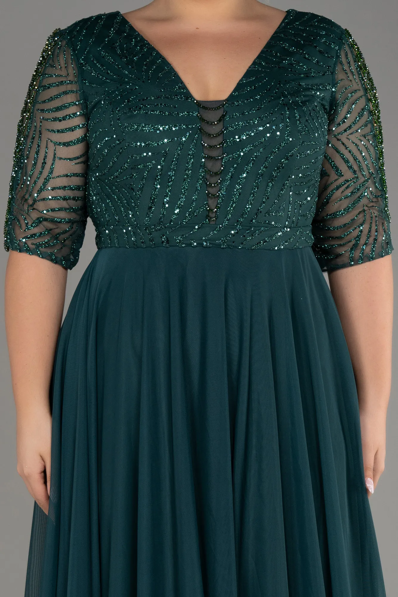 Emerald Green-Glittery Short Sleeve Long Plus Size Evening Dress ABU3844