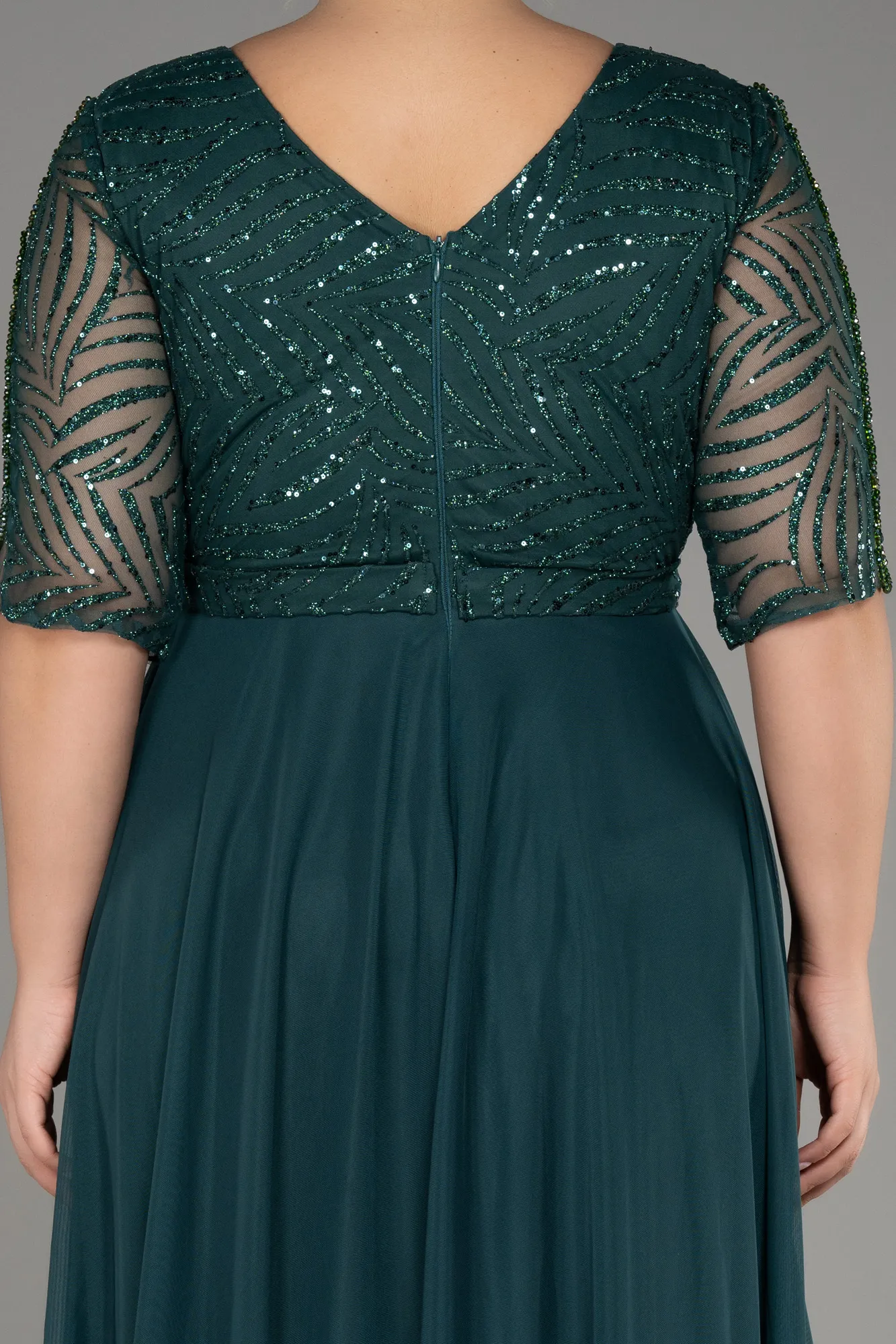 Emerald Green-Glittery Short Sleeve Long Plus Size Evening Dress ABU3844