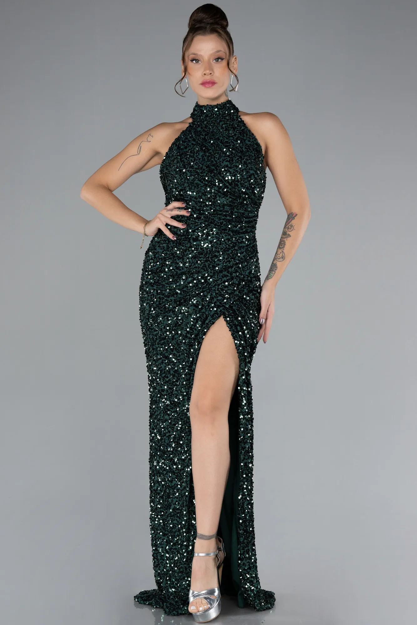 Emerald Green-Halter Neck Slit Long Scaly Evening Gown ABU4306