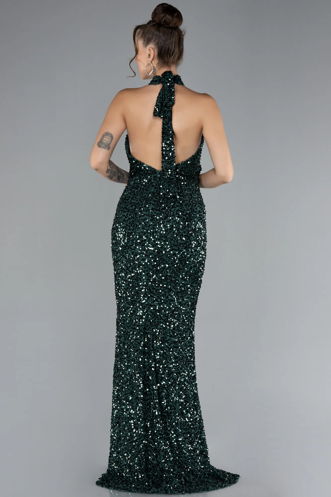 Emerald Green-Halter Neck Slit Long Scaly Evening Gown ABU4306