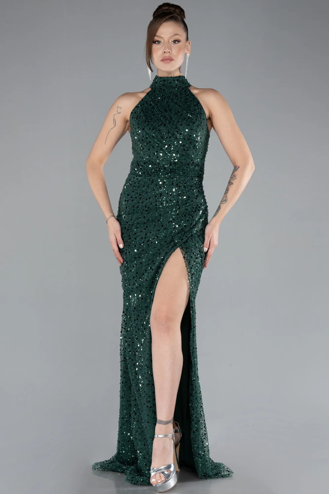 Emerald Green-Halter Neck Slit Long Scaly Evening Gown ABU4376