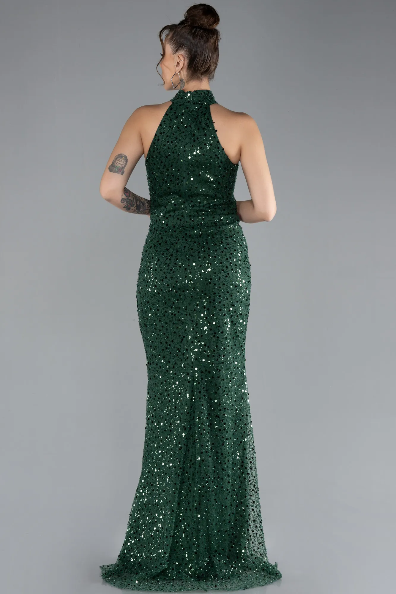 Emerald Green-Halter Neck Slit Long Scaly Evening Gown ABU4376