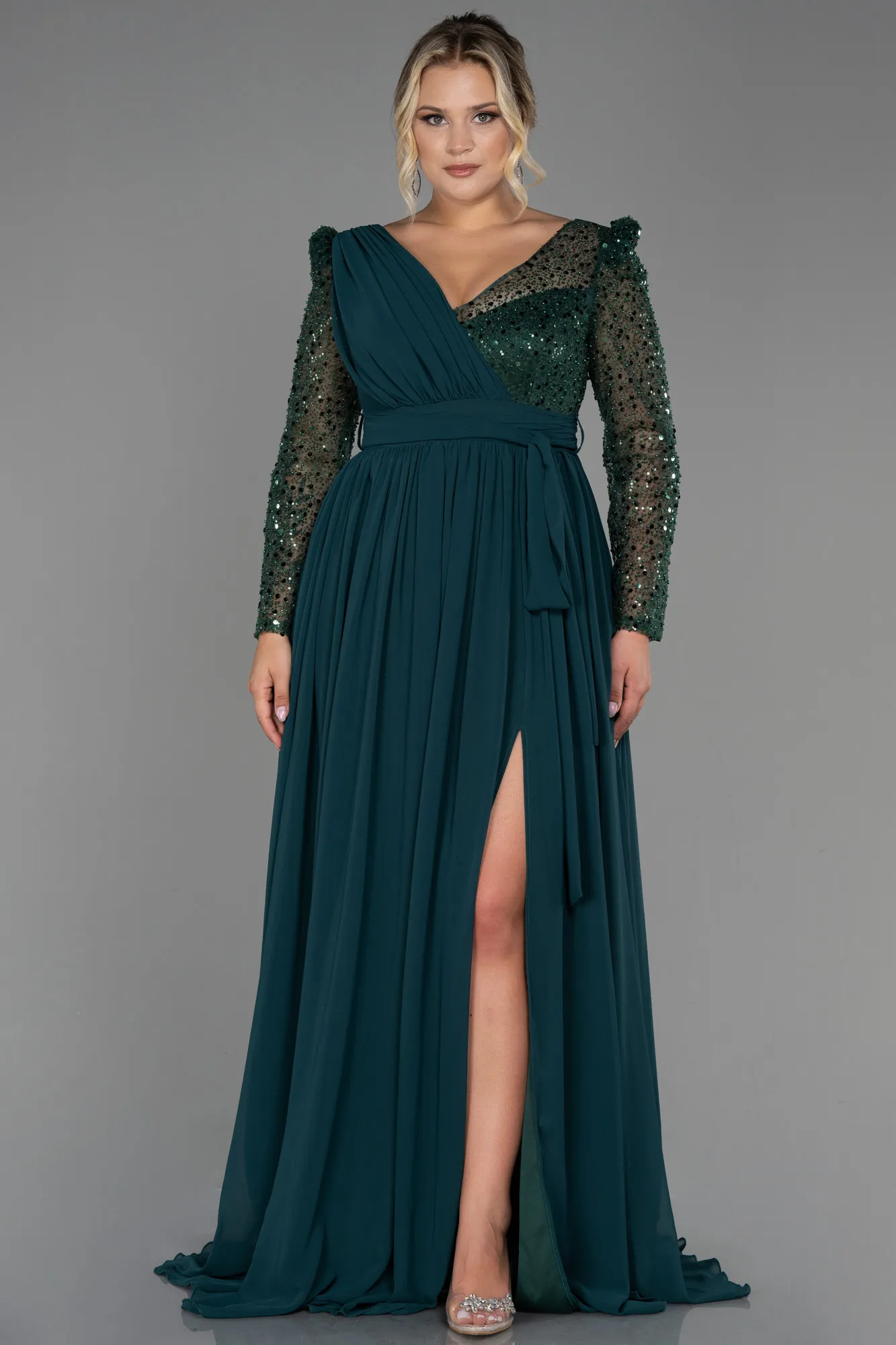 Emerald Green-Long Chiffon Plus Size Evening Dress ABU3186