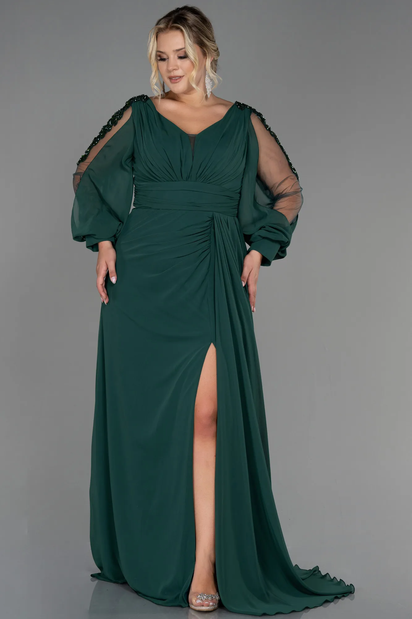Emerald Green-Long Chiffon Plus Size Evening Dress ABU3221