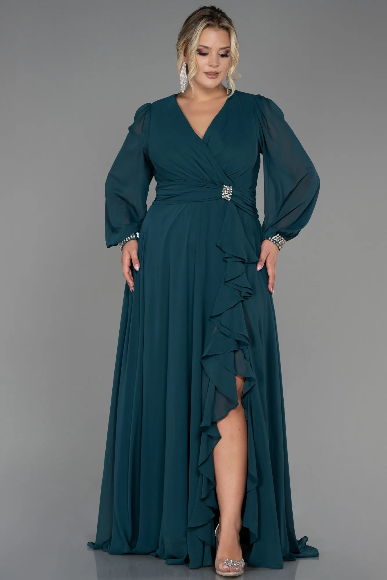 Emerald Green-Long Chiffon Plus Size Evening Dress ABU3222