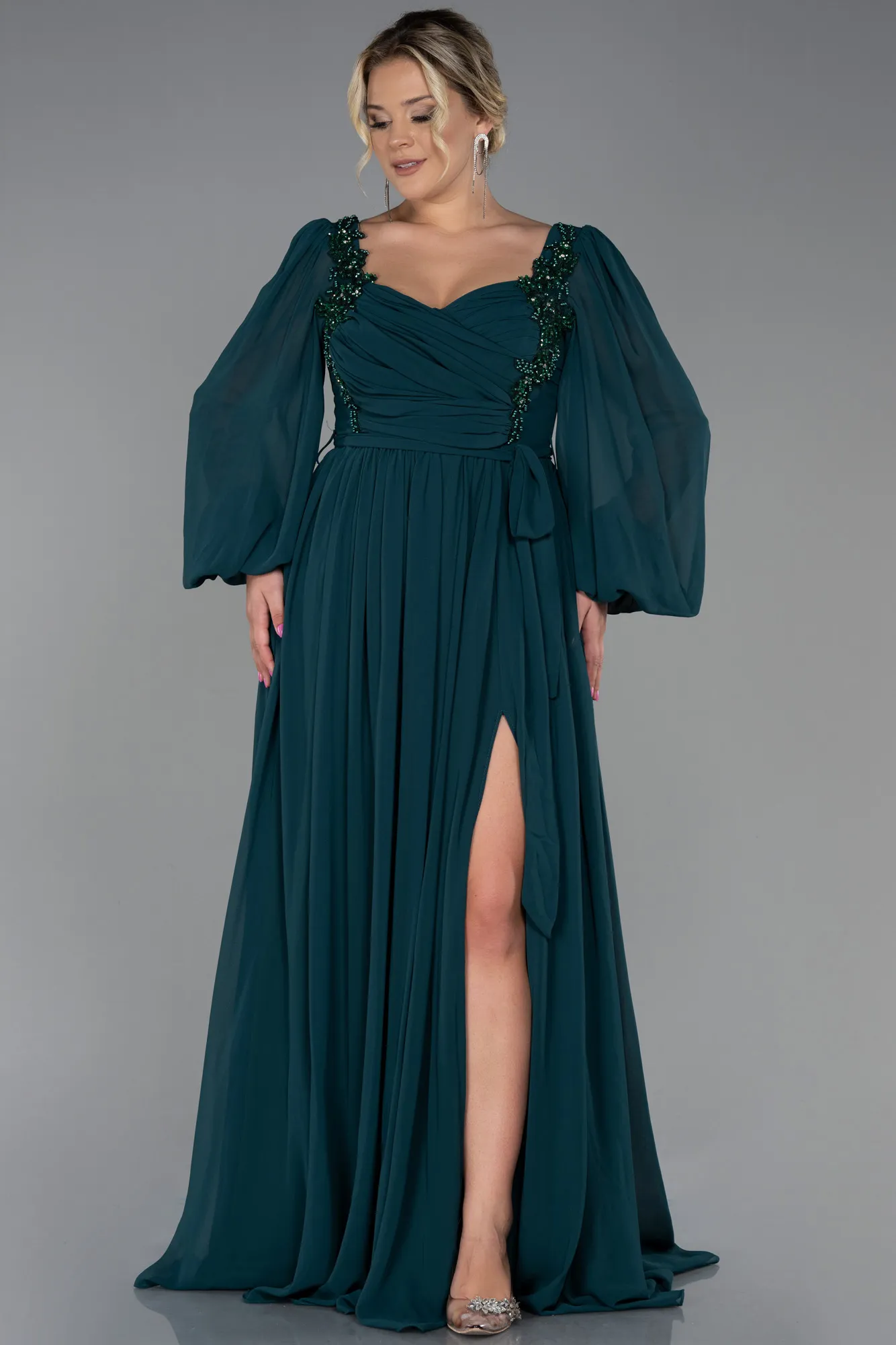 Emerald Green-Long Chiffon Plus Size Evening Dress ABU3244
