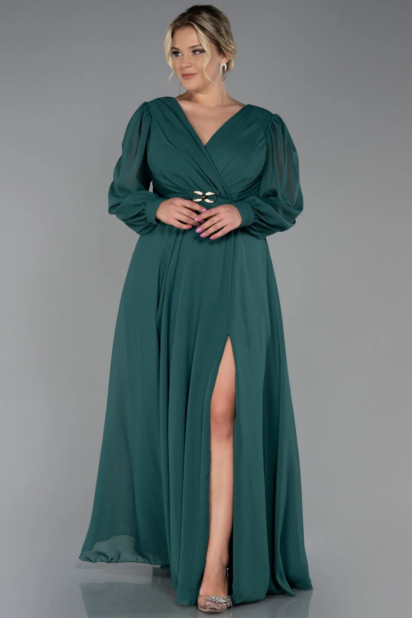 Emerald Green-Long Chiffon Plus Size Evening Dress ABU3254