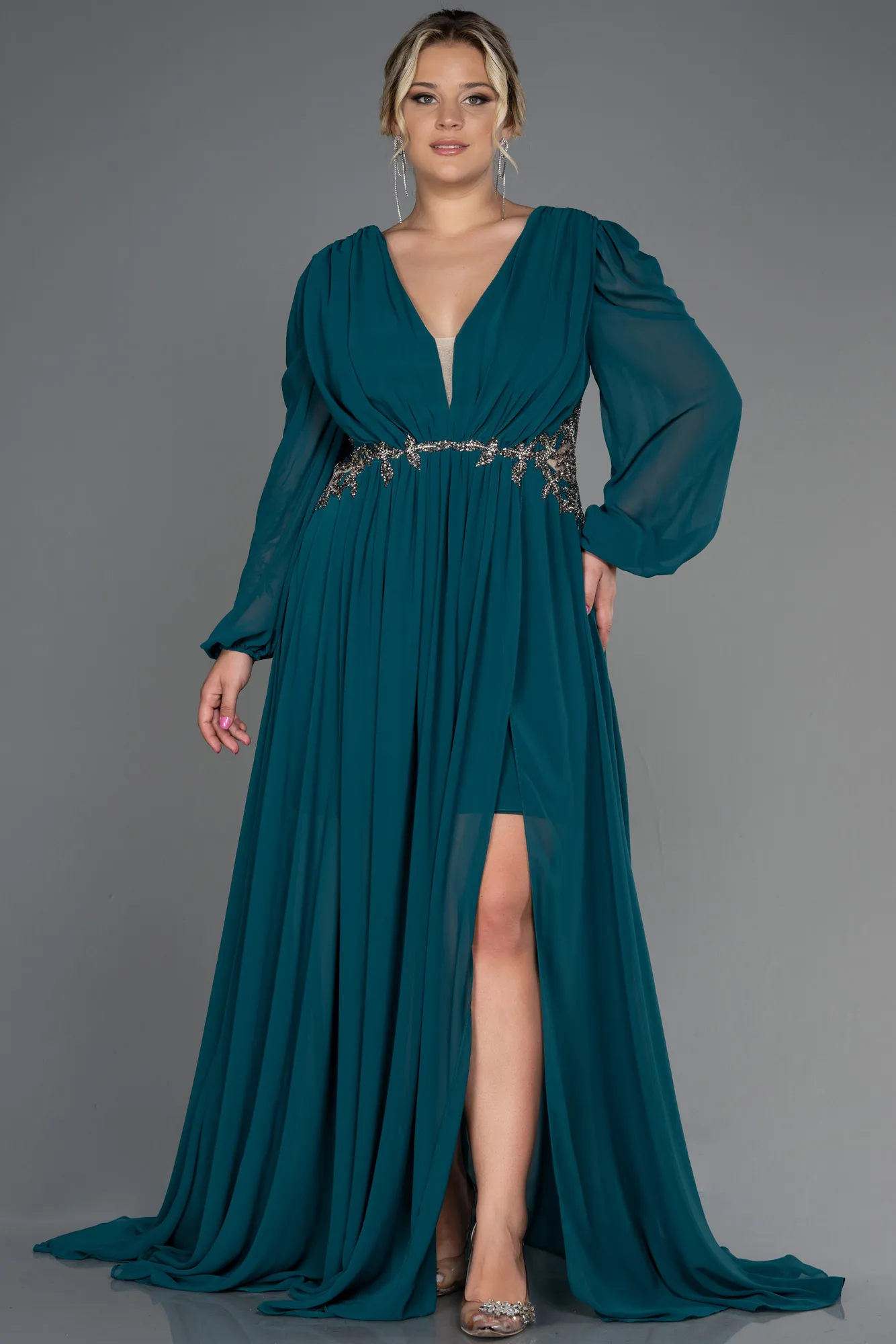 Emerald Green-Long Chiffon Plus Size Evening Dress ABU3256