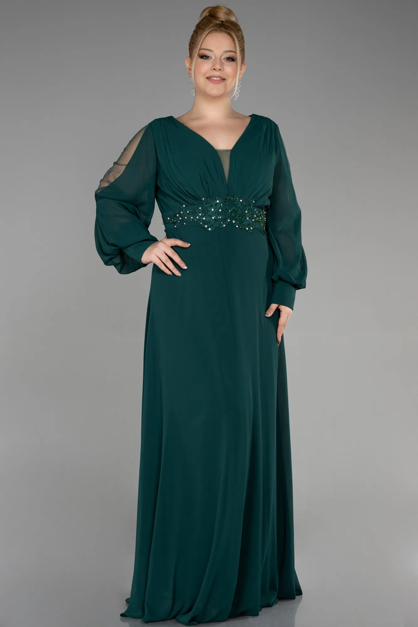 Emerald Green-Long Chiffon Plus Size Evening Dress ABU3644