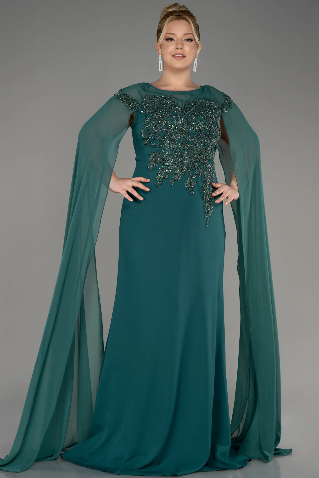 Emerald Green-Long Chiffon Sleeve Plus Size Evening Dress ABU3913