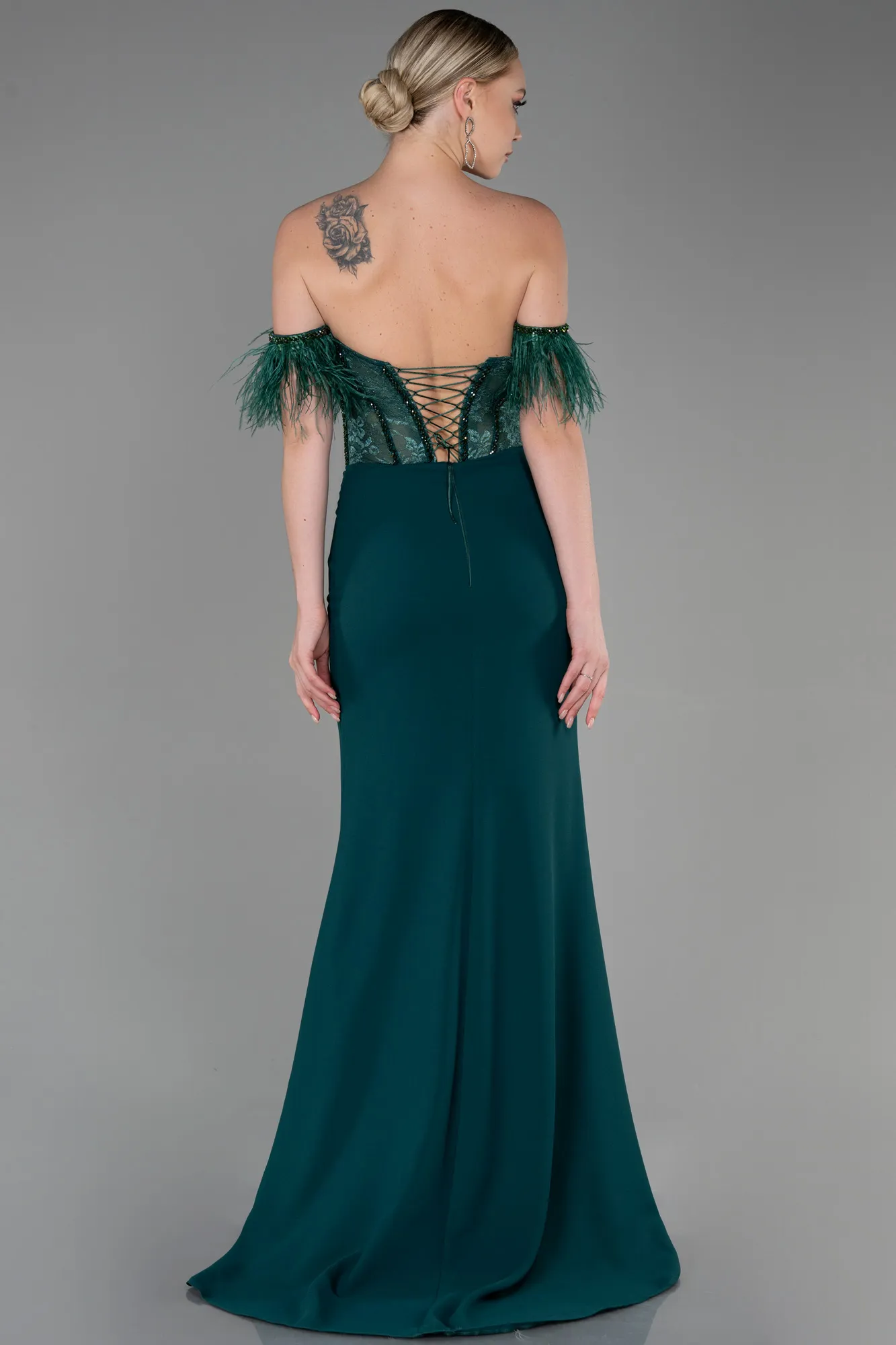 Emerald Green-Long Dantelle Evening Dress ABU3263