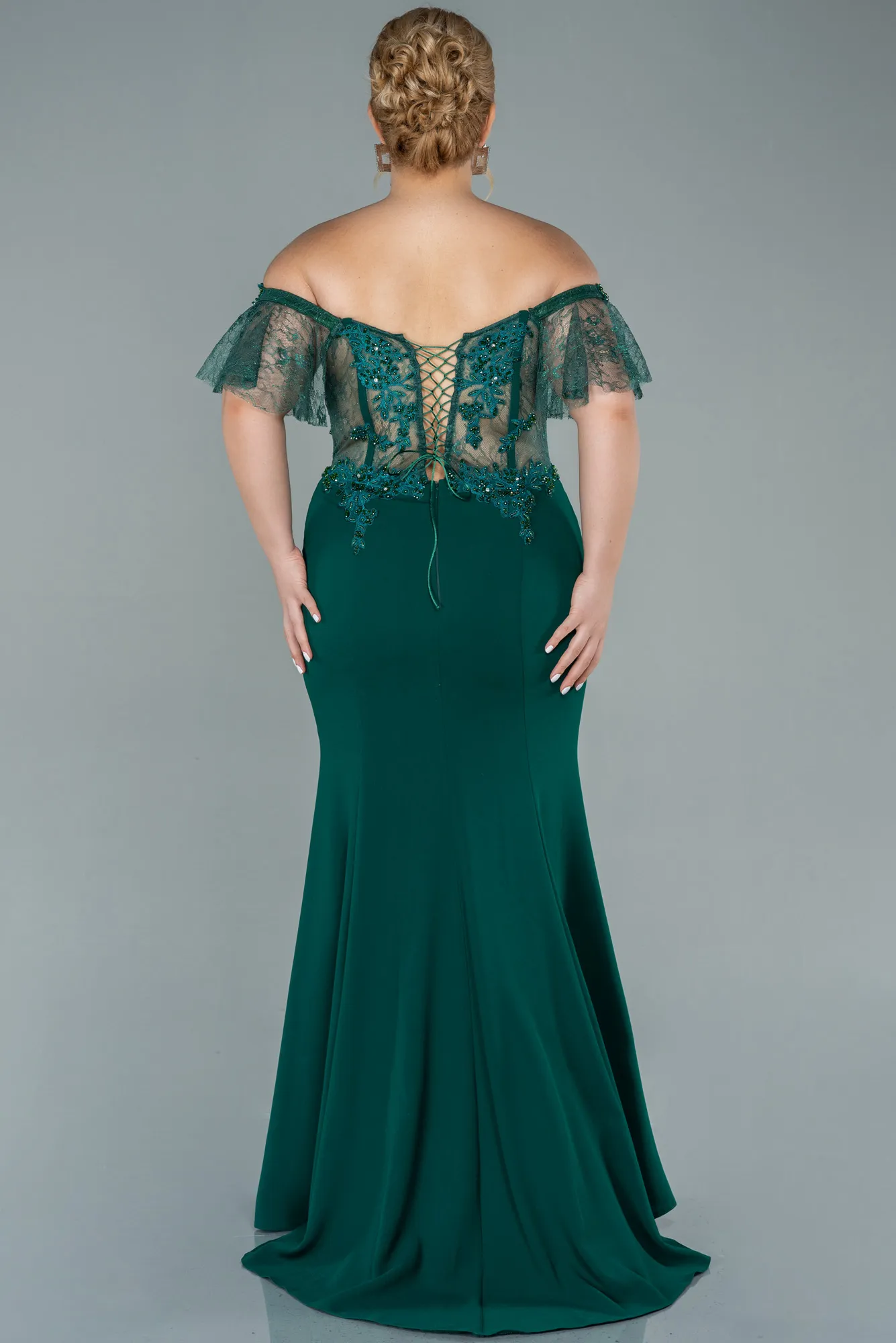 Emerald Green-Long Dantelle Plus Size Evening Dress ABU2571