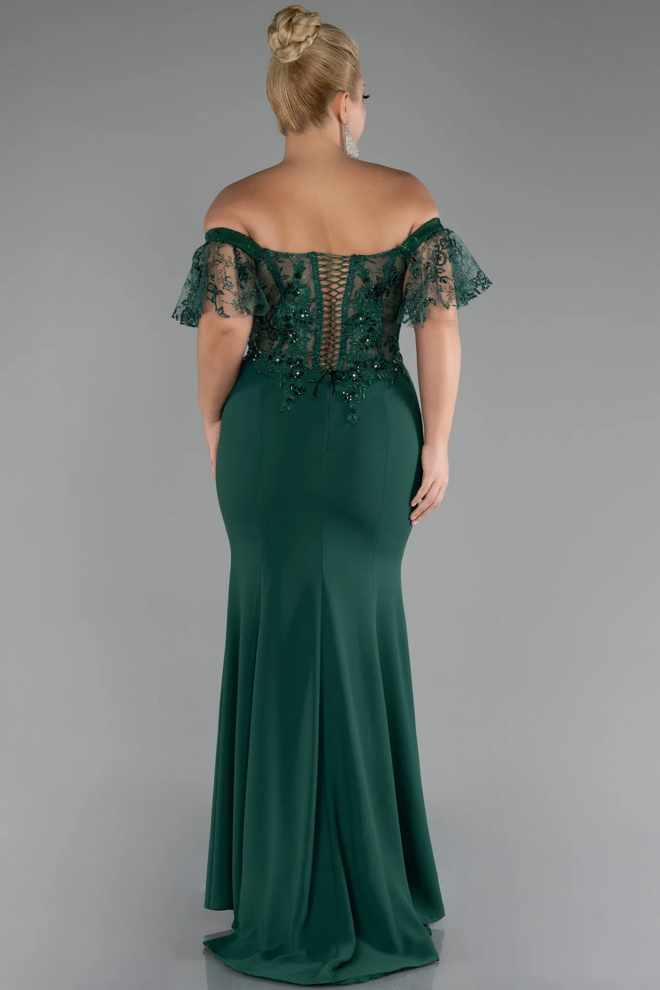 Emerald Green-Long Dantelle Plus Size Evening Dress ABU2571