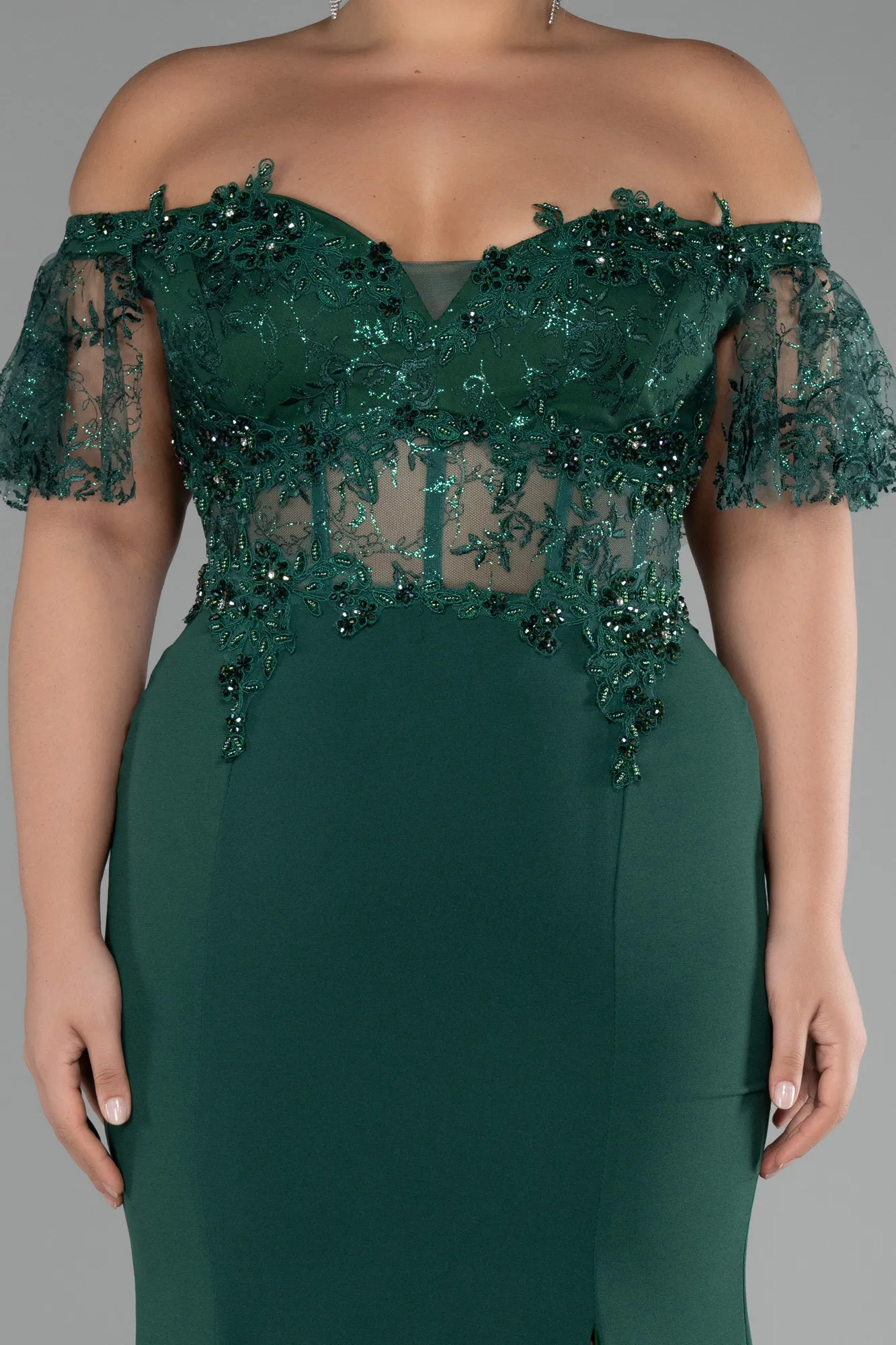 Emerald Green-Long Dantelle Plus Size Evening Dress ABU2571