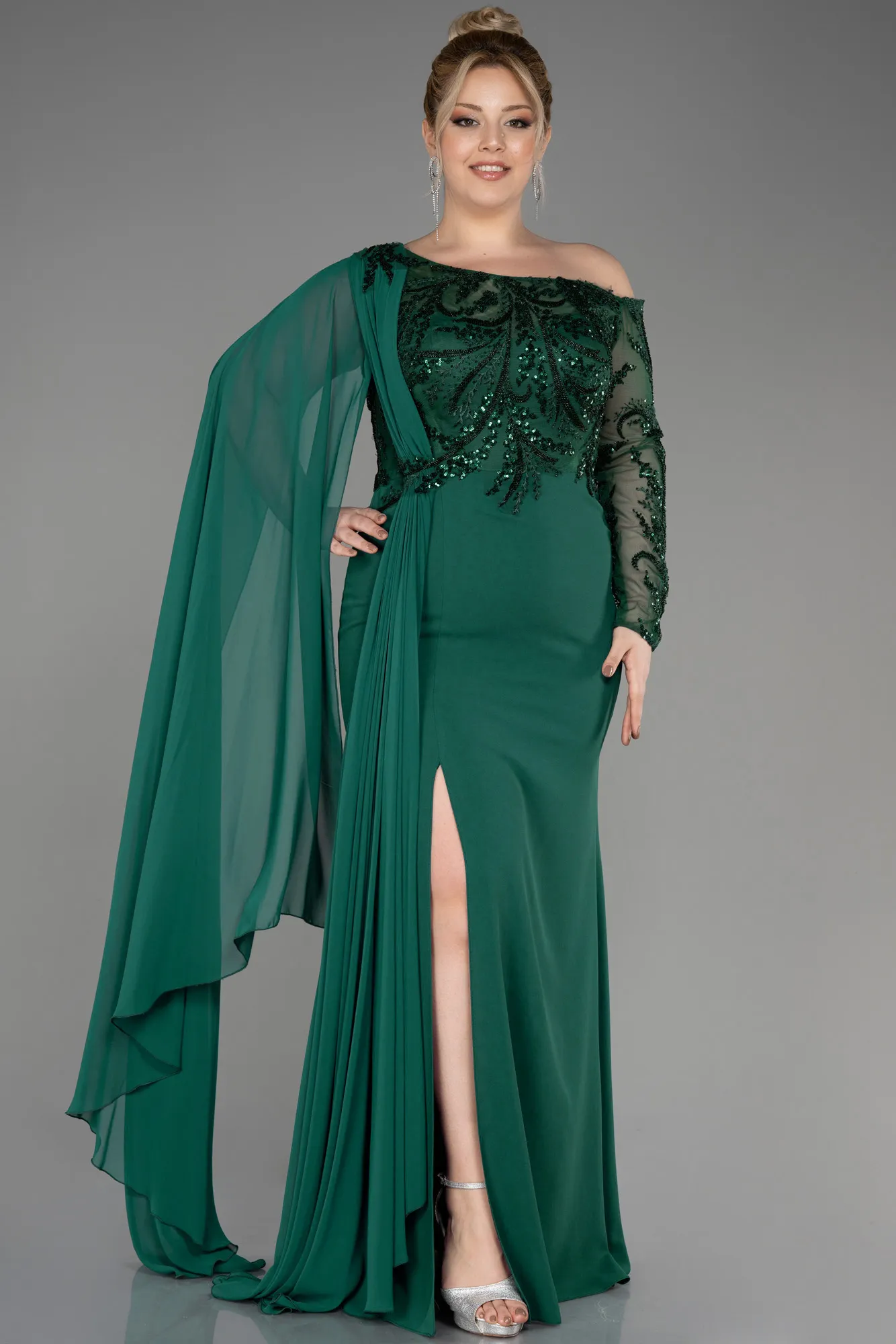 Emerald Green-Long Dantelle Plus Size Evening Dress ABU3512