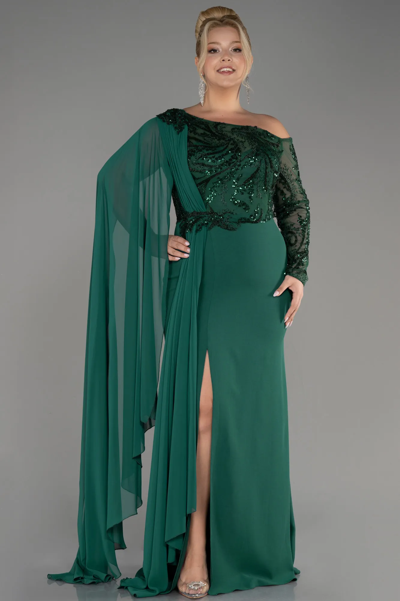 Emerald Green-Long Dantelle Plus Size Evening Dress ABU3512